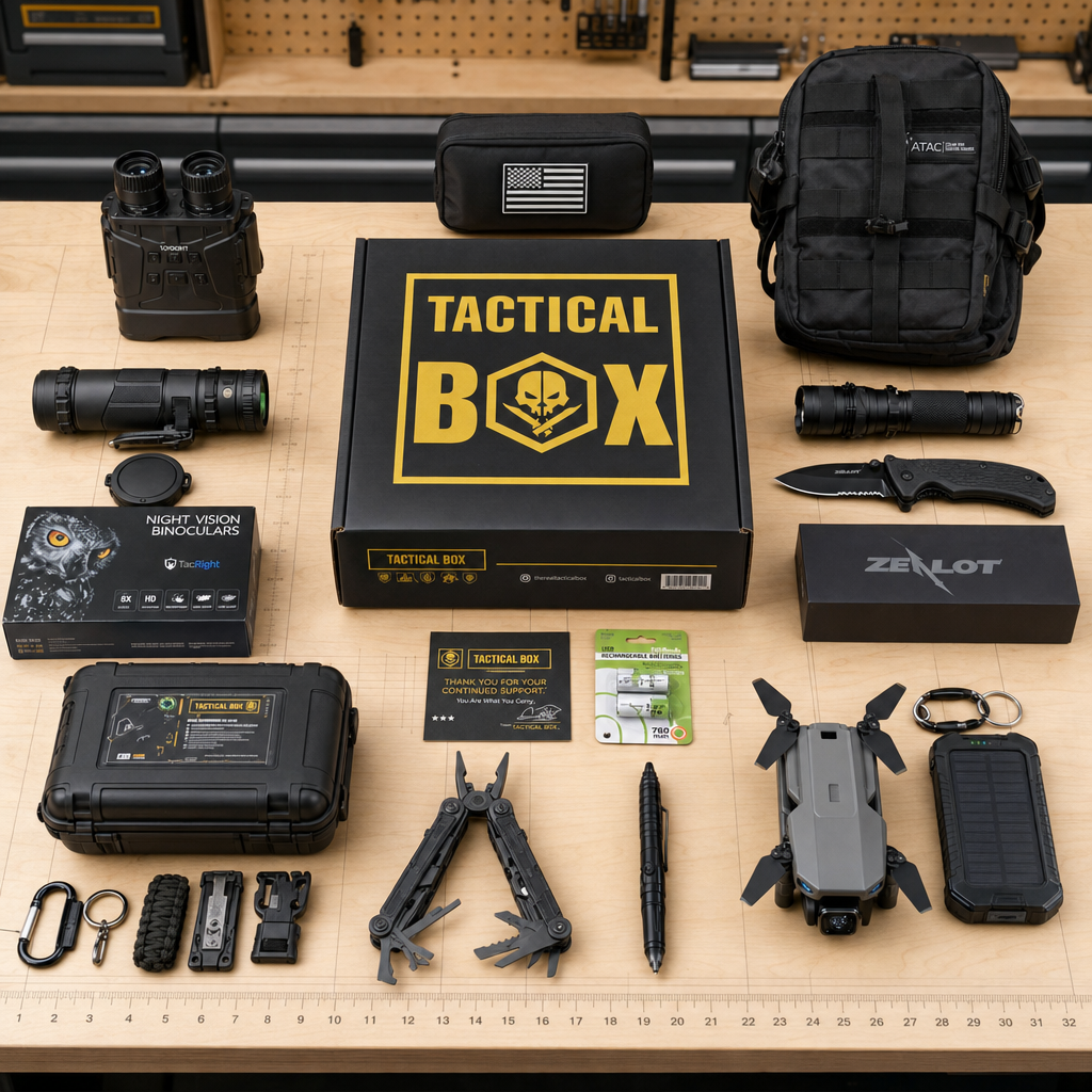 White studio flat-lay of premium tactical bundle with all items spread out