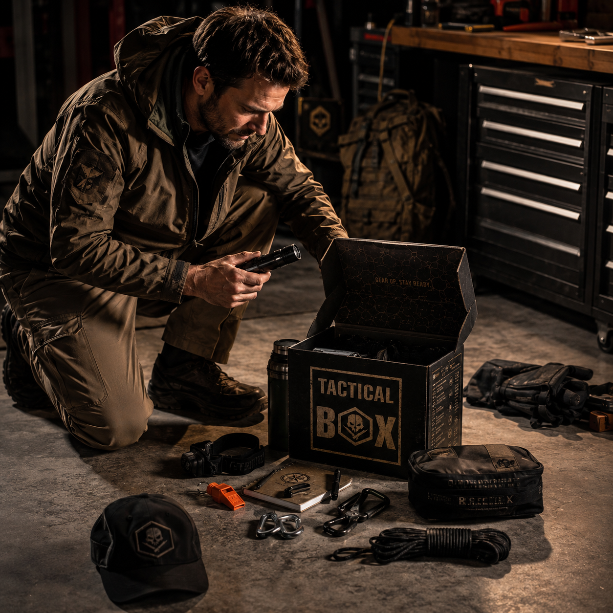TacticalBox gear flat lay — survival tent, binoculars, knife, flashlight and more