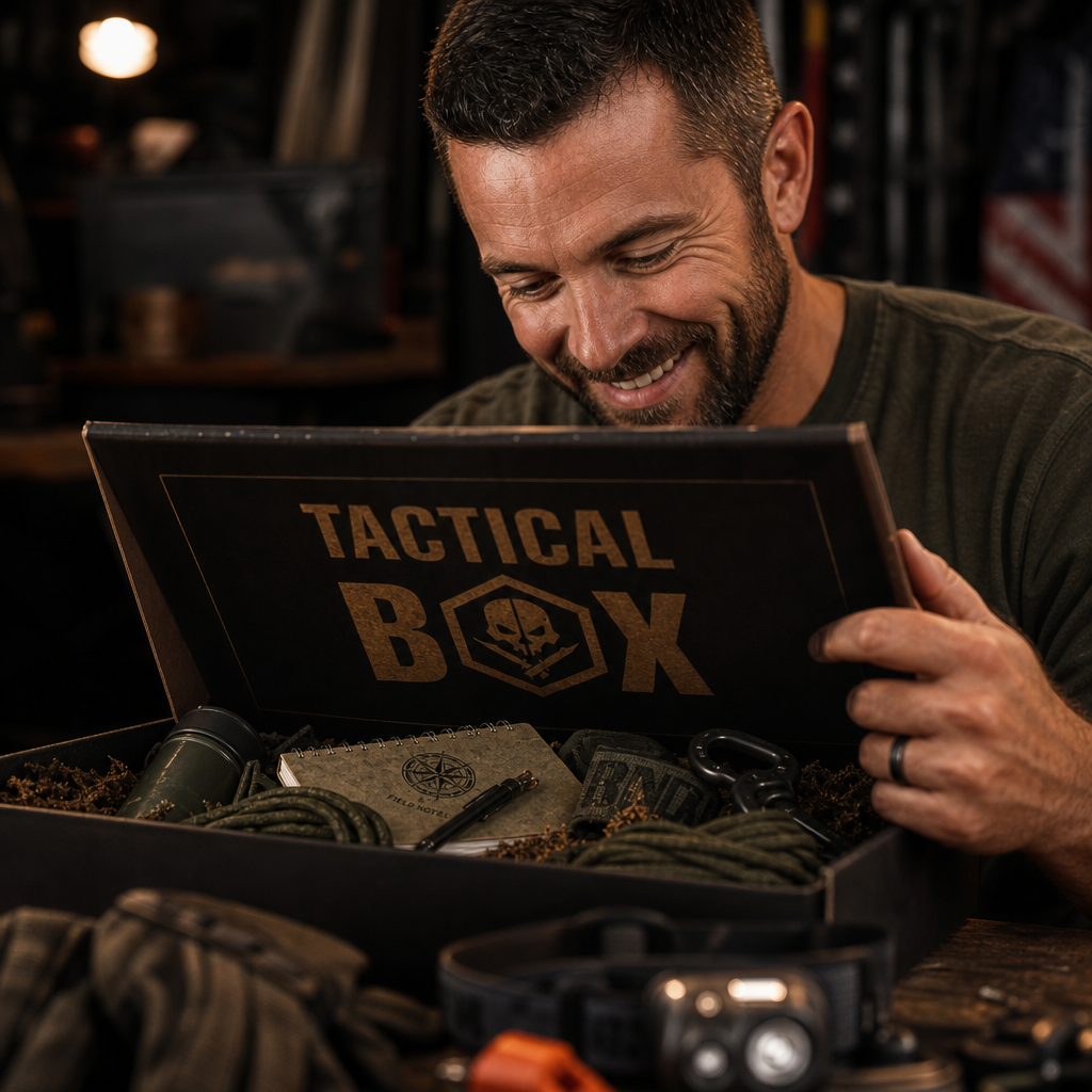 TacticalBox curator — bearded man in branded gear next to truck with TacticalBox shipments