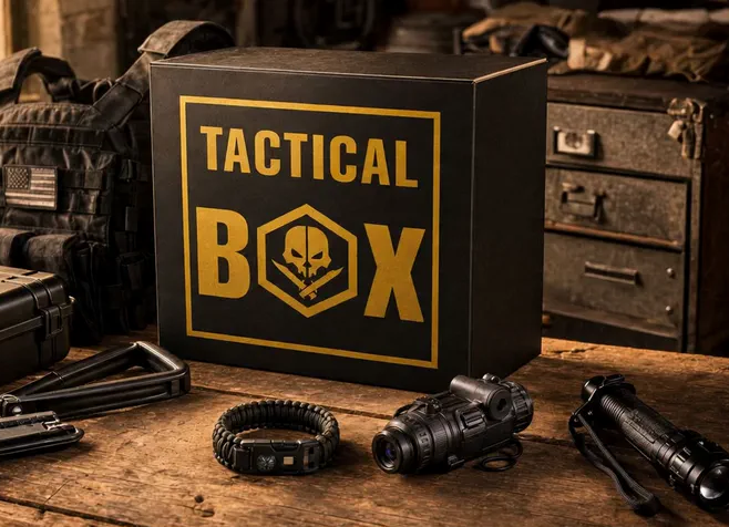TacticalBox on forest picnic table with full gear spread — outdoor lifestyle