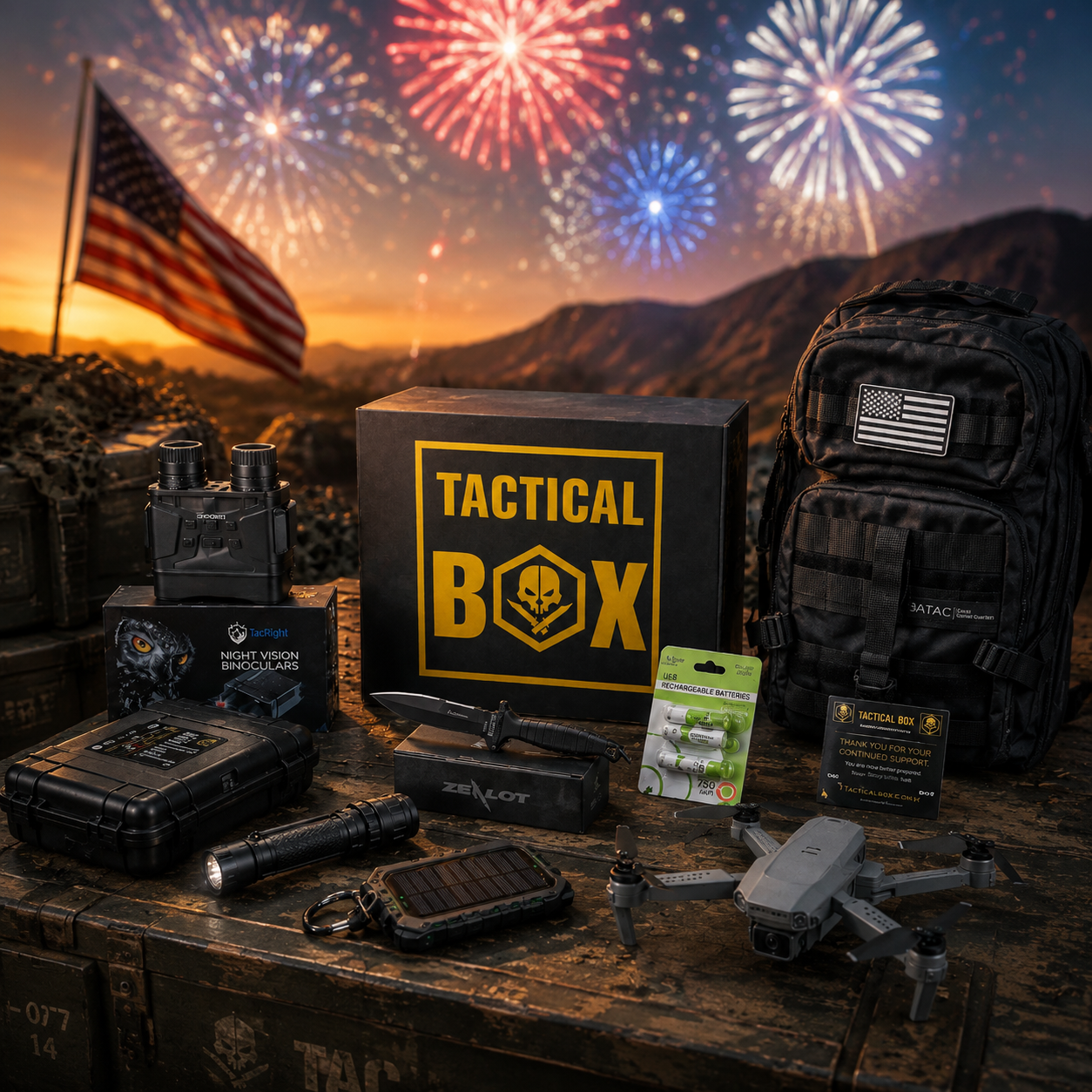 Field-tested tactical gear laid out beside the box