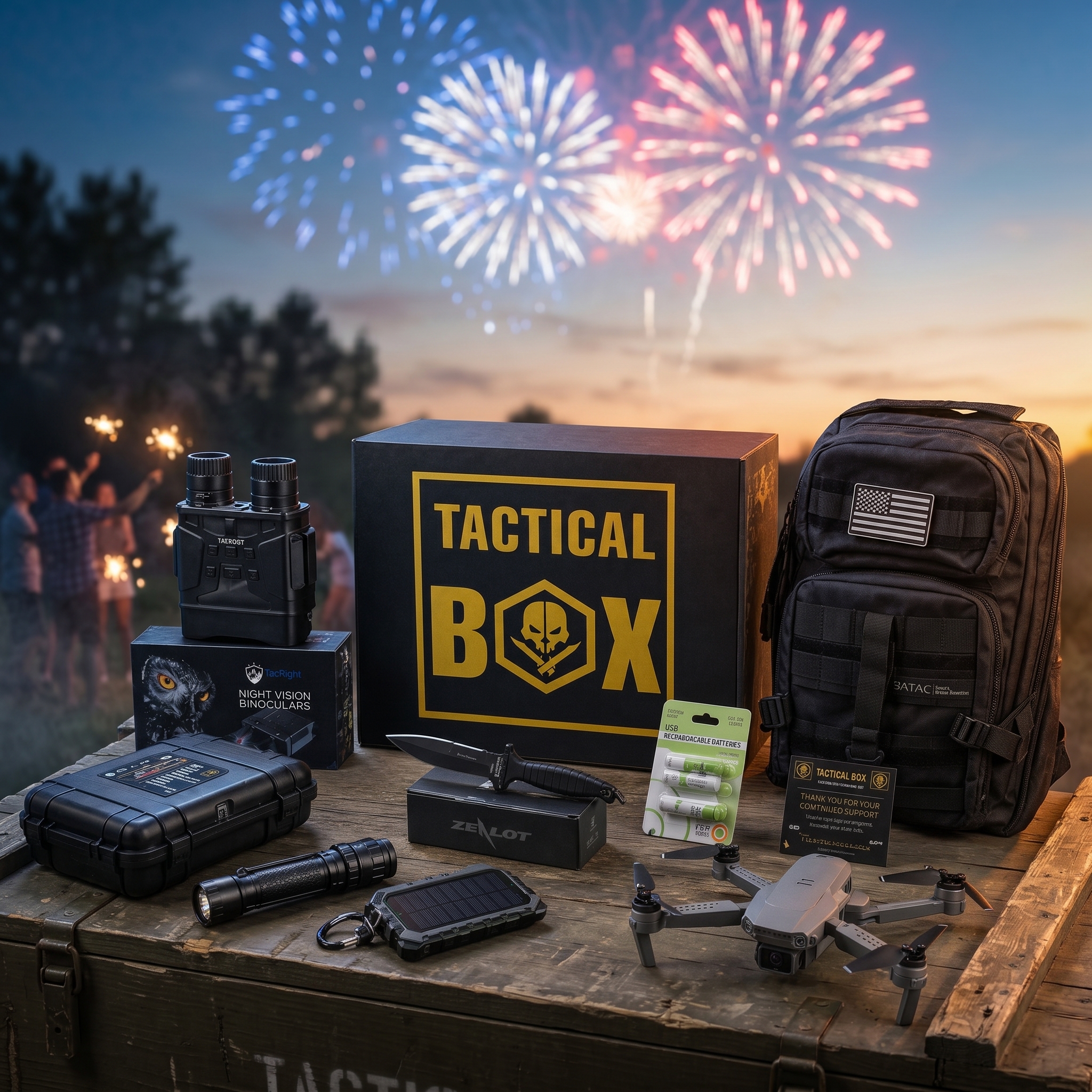 TacticalBox with full gear spread under 4th of July fireworks