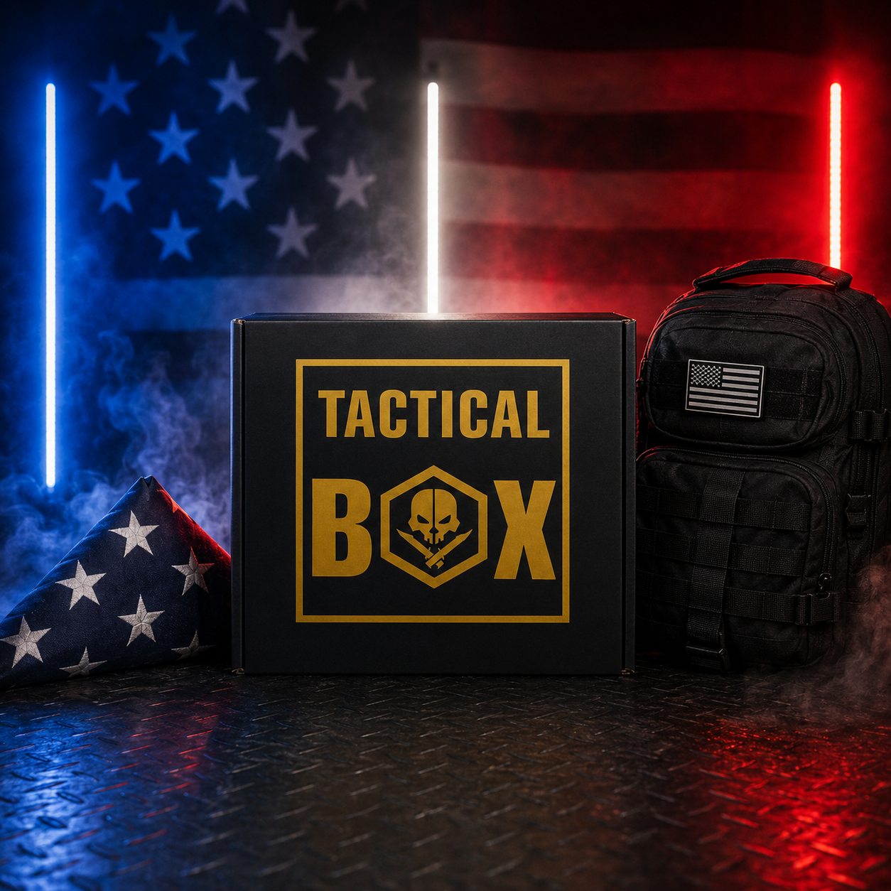 TacticalBox 4th of July gear spread — box, backpack, flashlight and field gear under fireworks