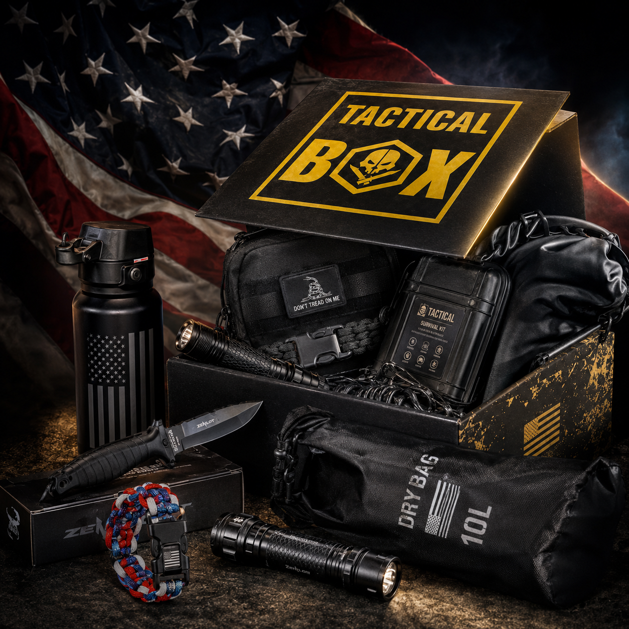 TacticalBox with full gear spread under 4th of July fireworks