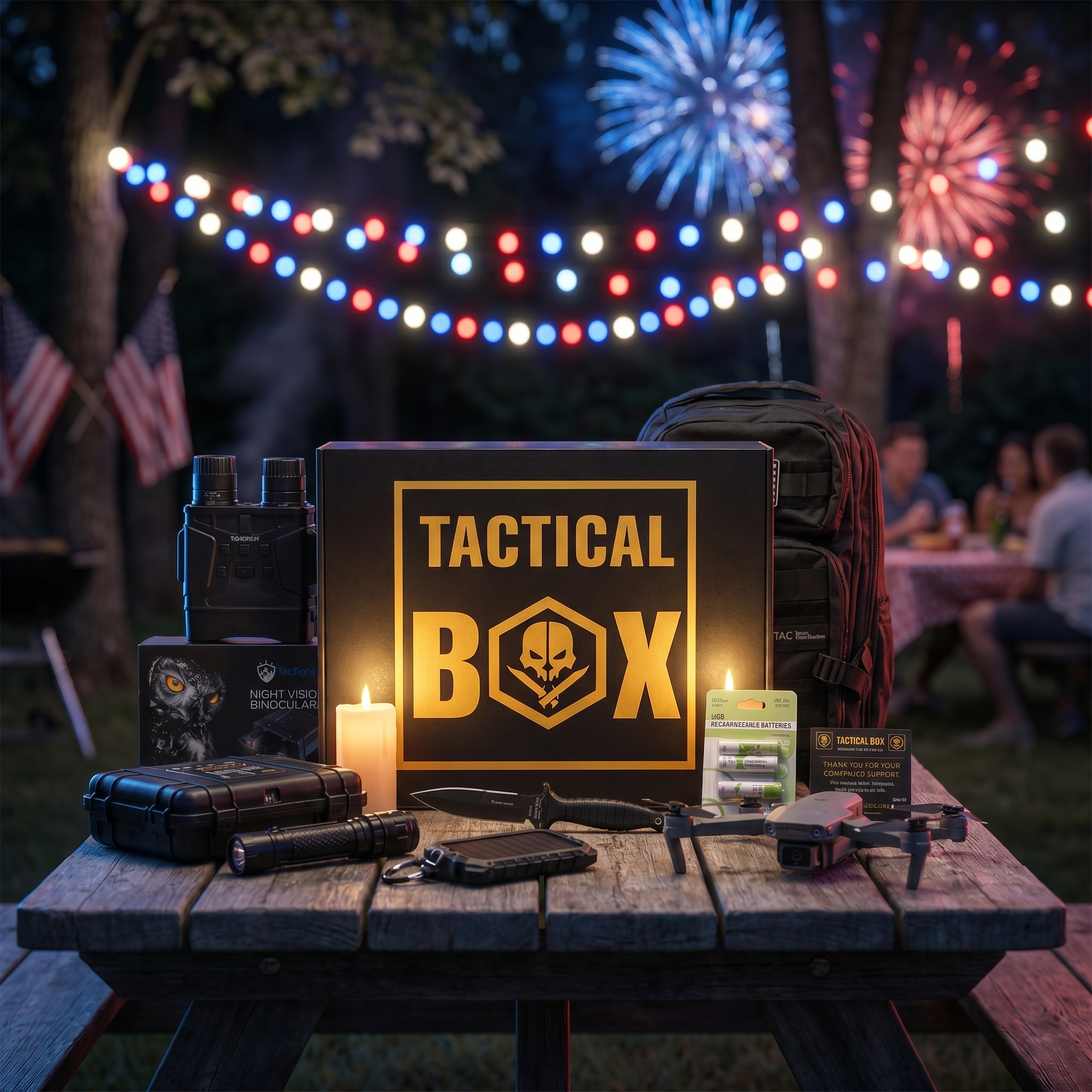 Field-tested tactical gear laid out beside the box