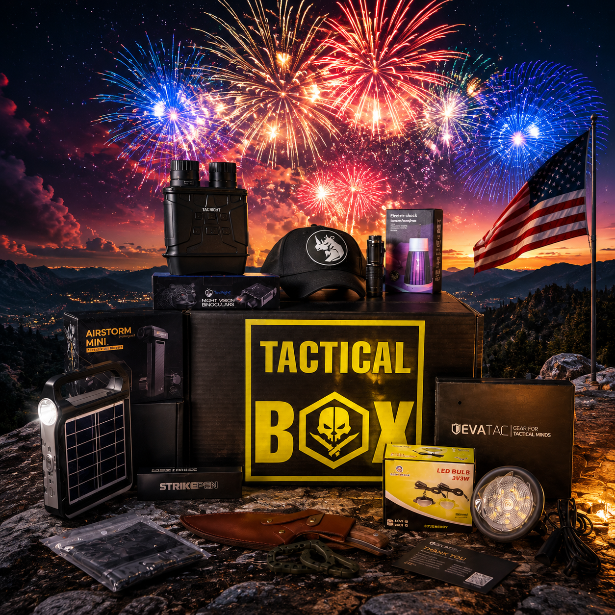 TacticalBox gear laid out — knife, flashlight, survival kit and more