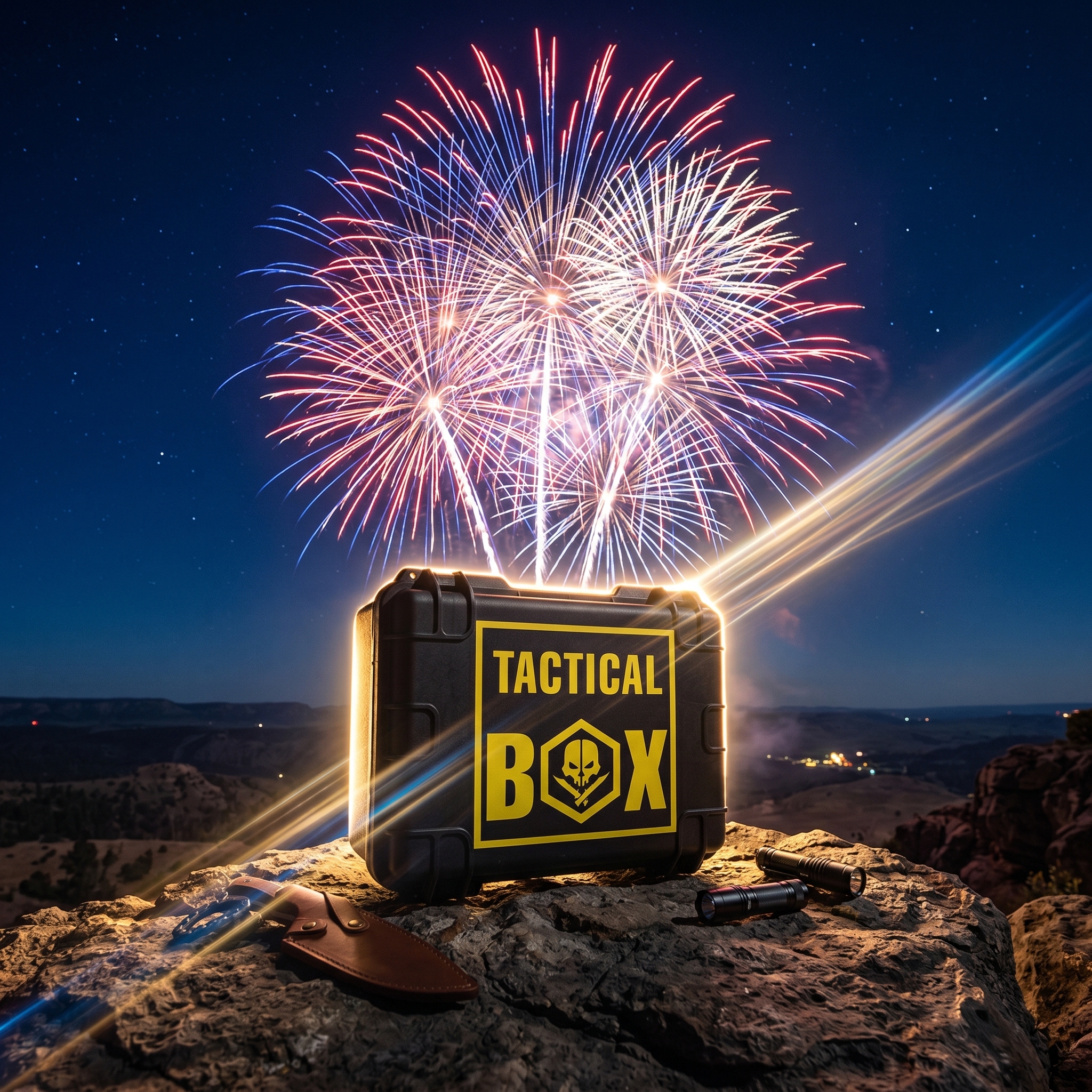 TacticalBox 4th of July gear spread — box, backpack, flashlight and field gear under fireworks