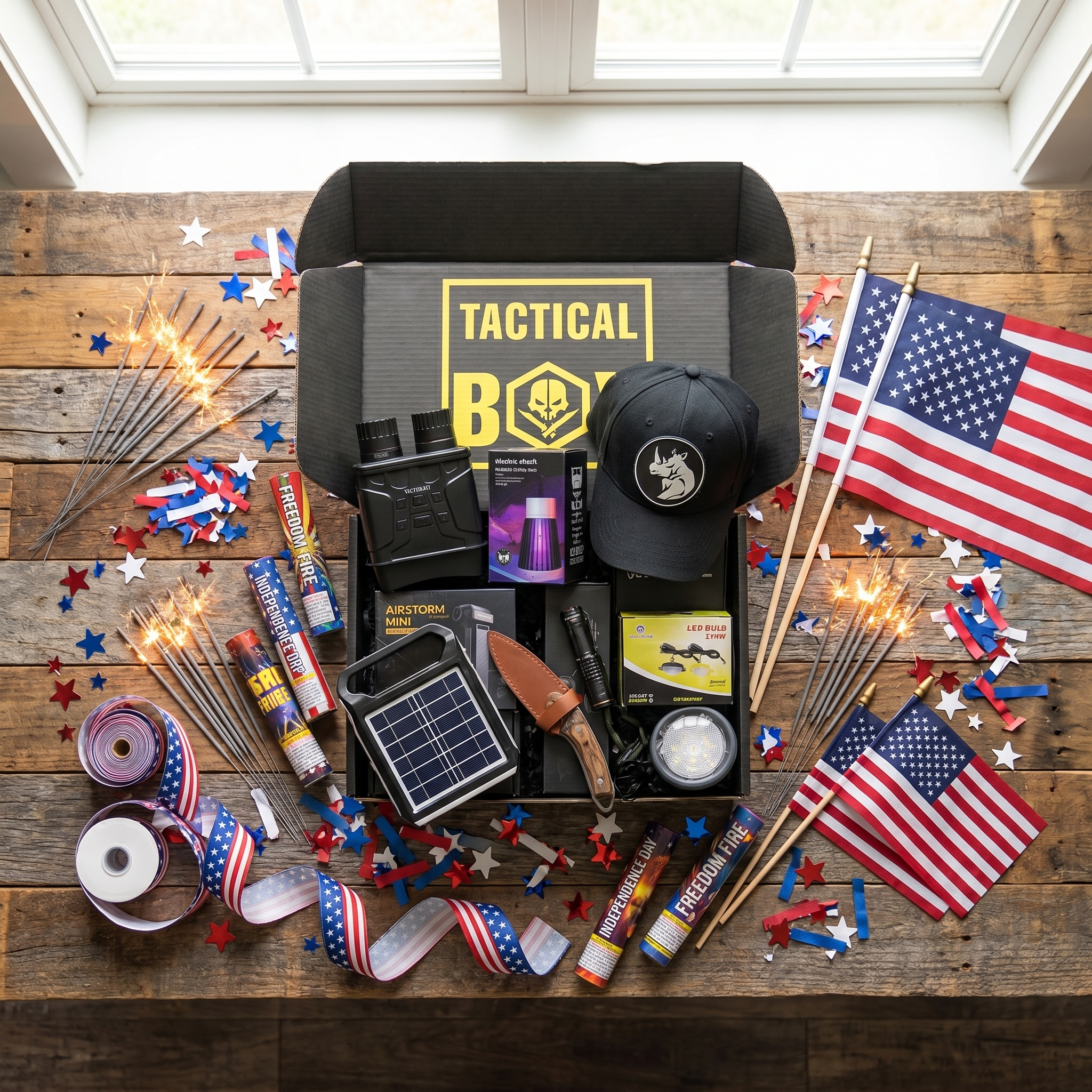 TacticalBox gear laid out — knife, flashlight, survival kit and more