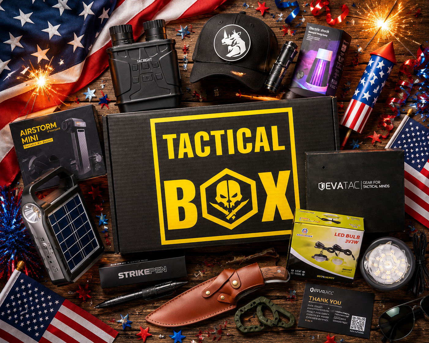 TacticalBox gear out at a 4th of July campsite under fireworks