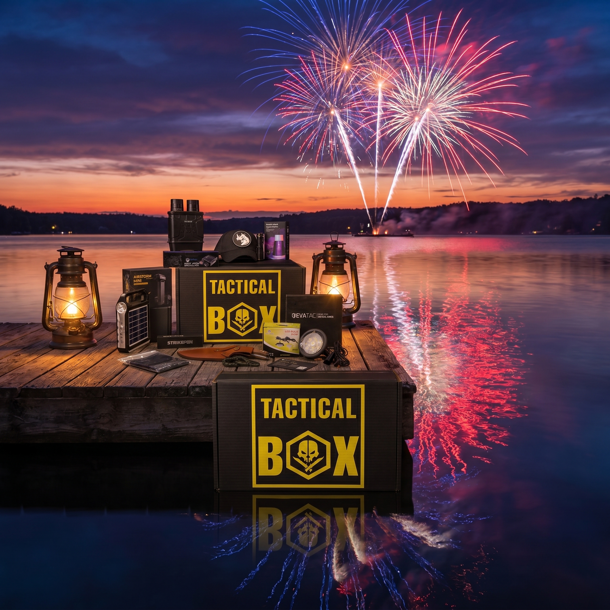 TacticalBox gear out at a 4th of July campsite under fireworks