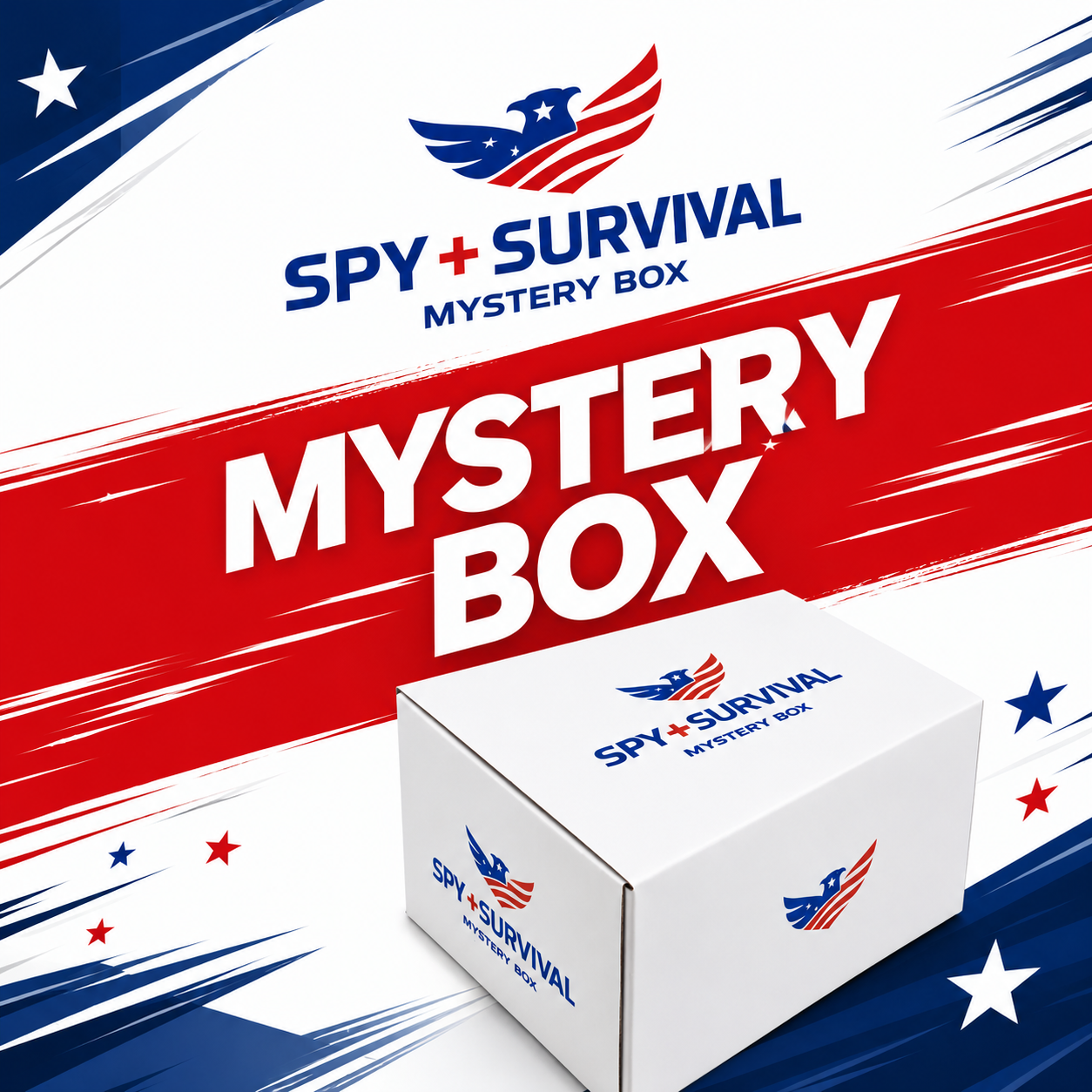 SPY + SURVIVAL Mystery Box — patriotic red, white and blue key art with sealed box