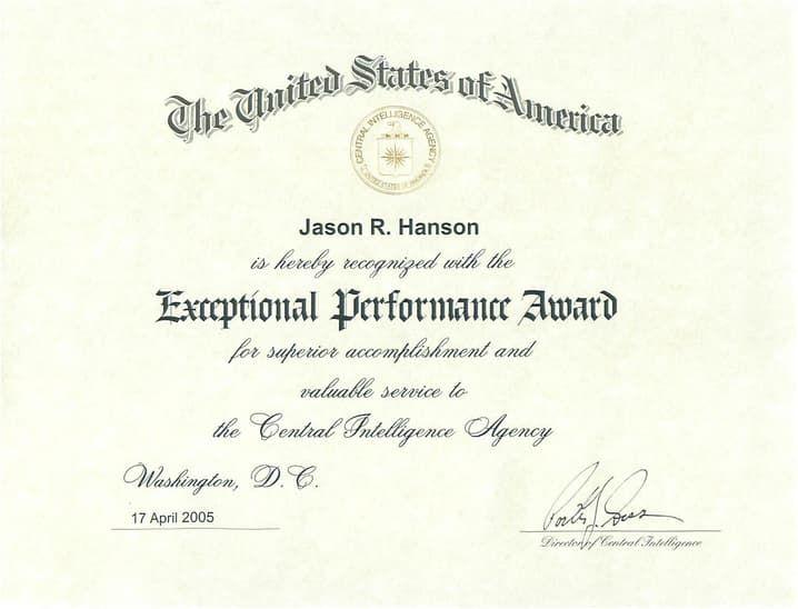 CIA Exceptional Performance Award issued to Jason R. Hanson, Washington D.C., 17 April 2005