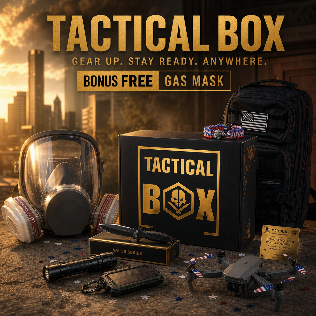 TacticalBox fire-sale bundle — full gear spread plus the free bonus tactical gas mask