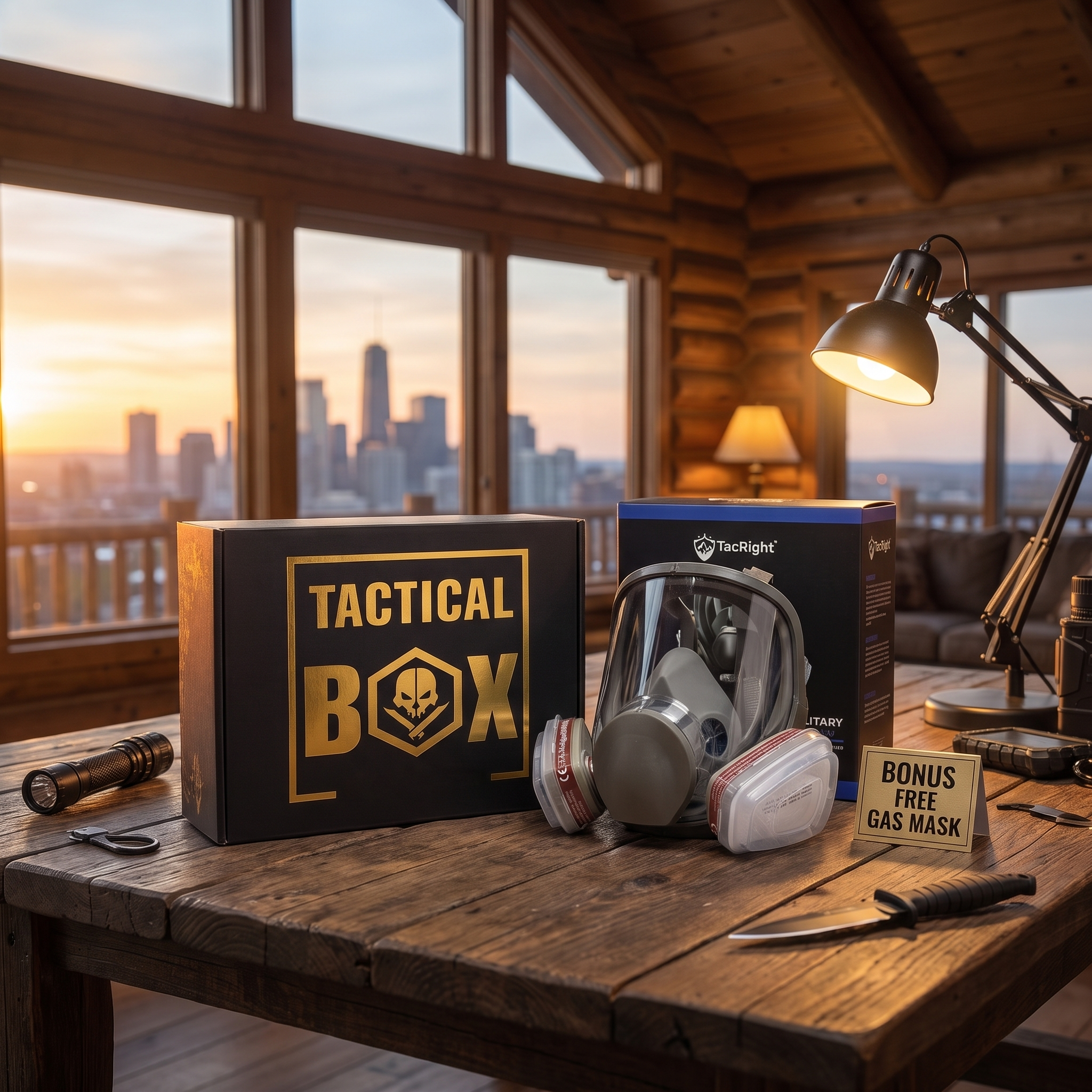 TacticalBox fire-sale bundle laid out — gear spread with the bonus gas mask