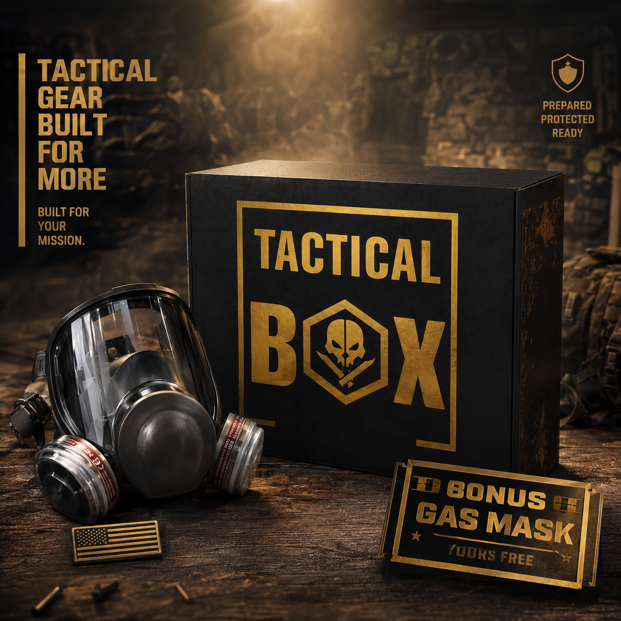 TacticalBox fire-sale bundle with the bonus gas mask ready for the field