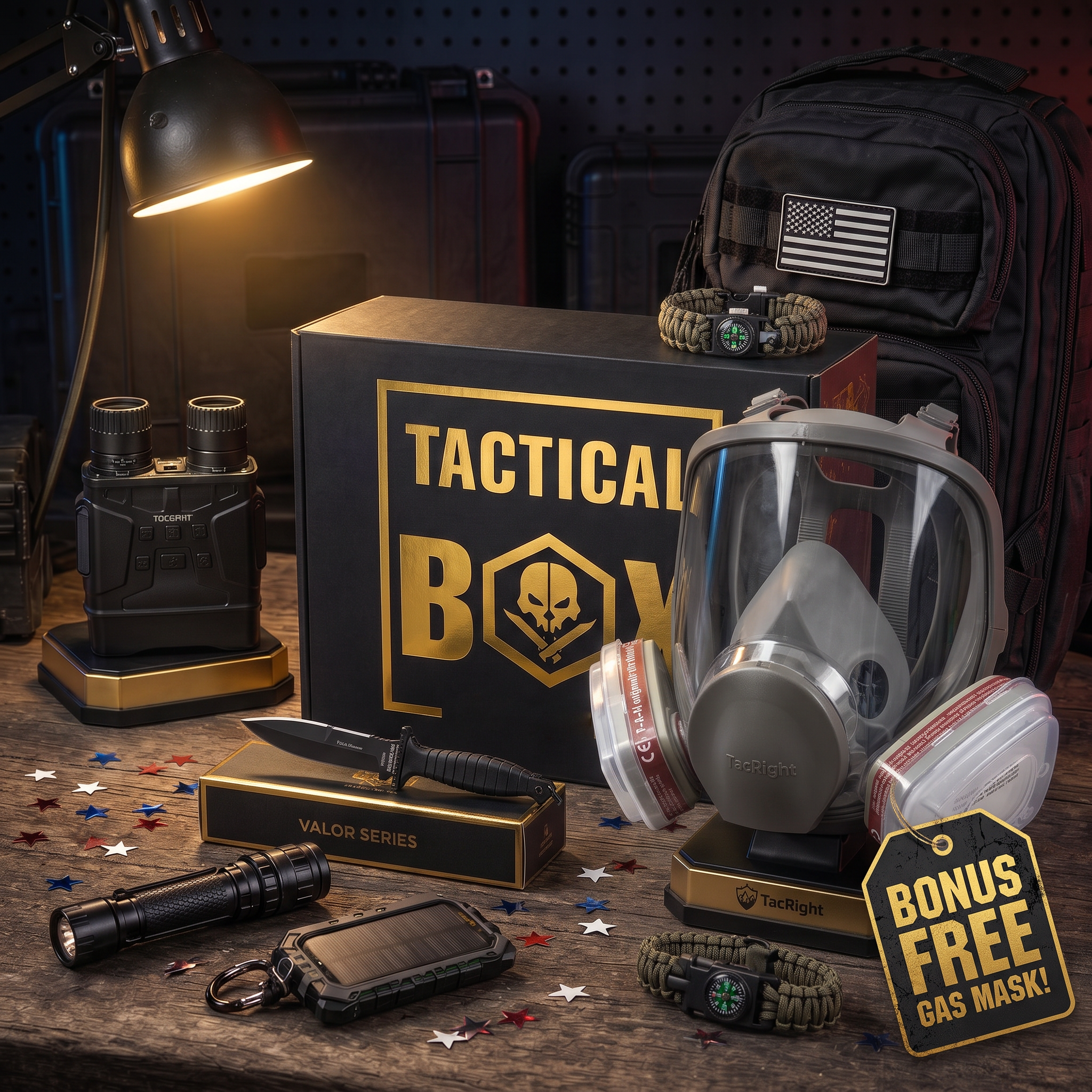 TacticalBox fire-sale bundle with the free bonus gas mask