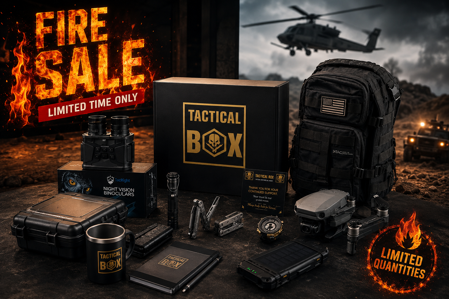 TacticalBox gear spread — full first-box contents on a rustic table