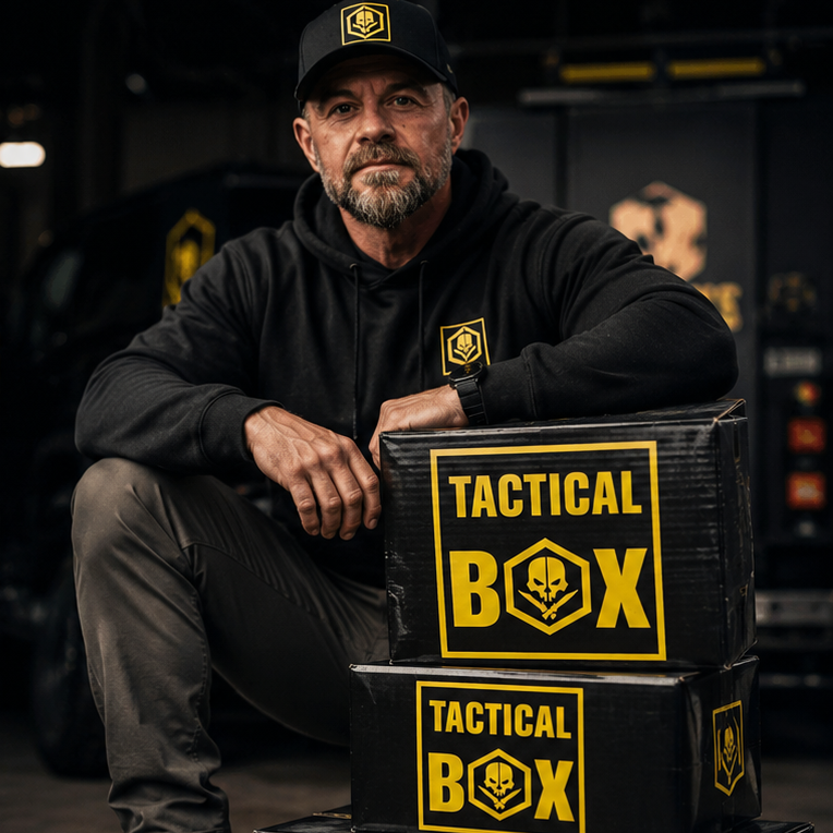 TacticalBox curator in branded gear with stacked TacticalBox shipments