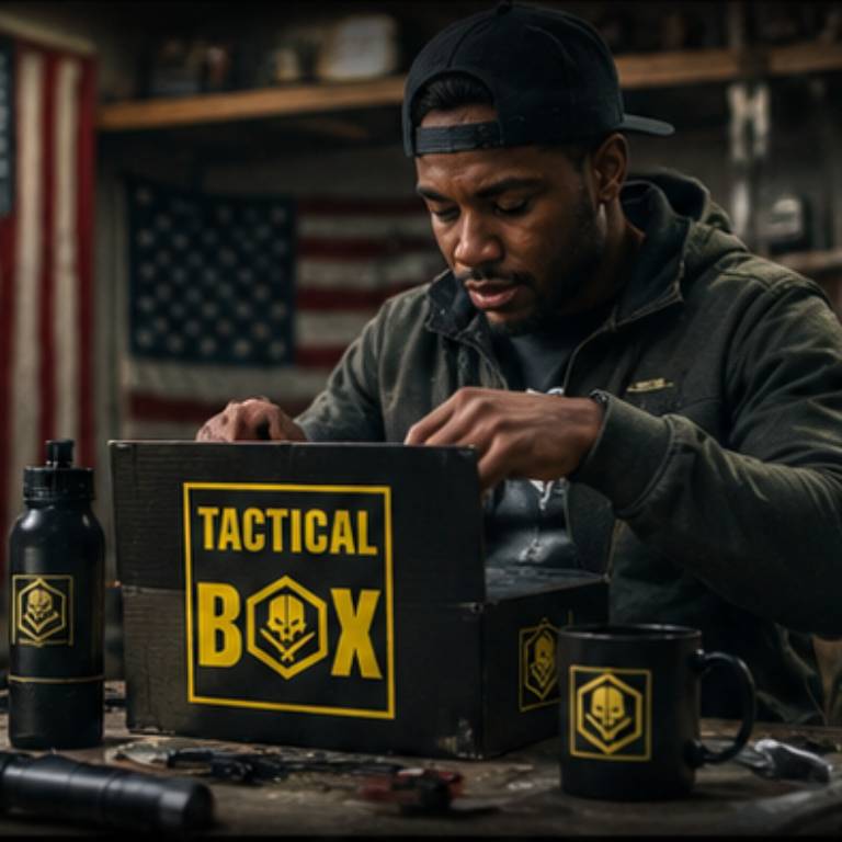 A TacticalBox member opening his Welcome Box in front of an American flag