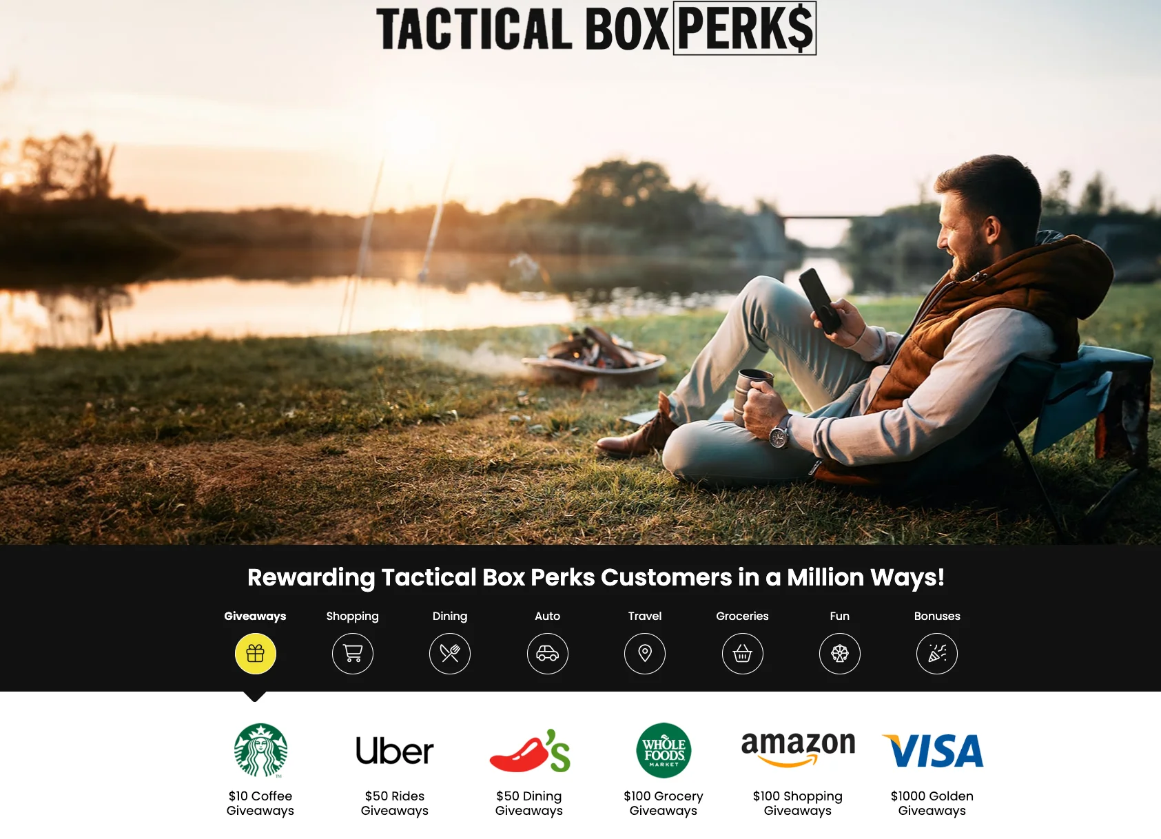 TacticalBox Perks — member rewards and giveaways including Starbucks, Uber, Amazon, Visa