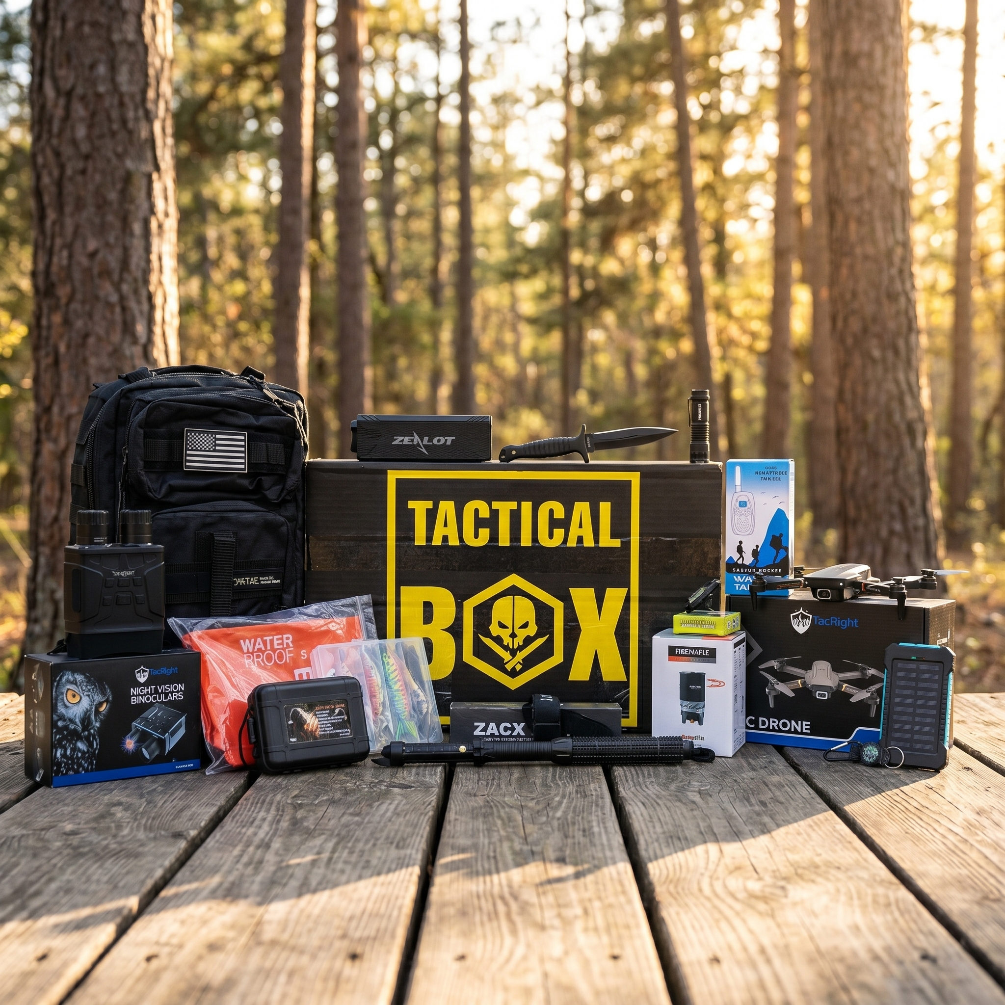 TacticalBox on forest picnic table with full gear spread — outdoor lifestyle