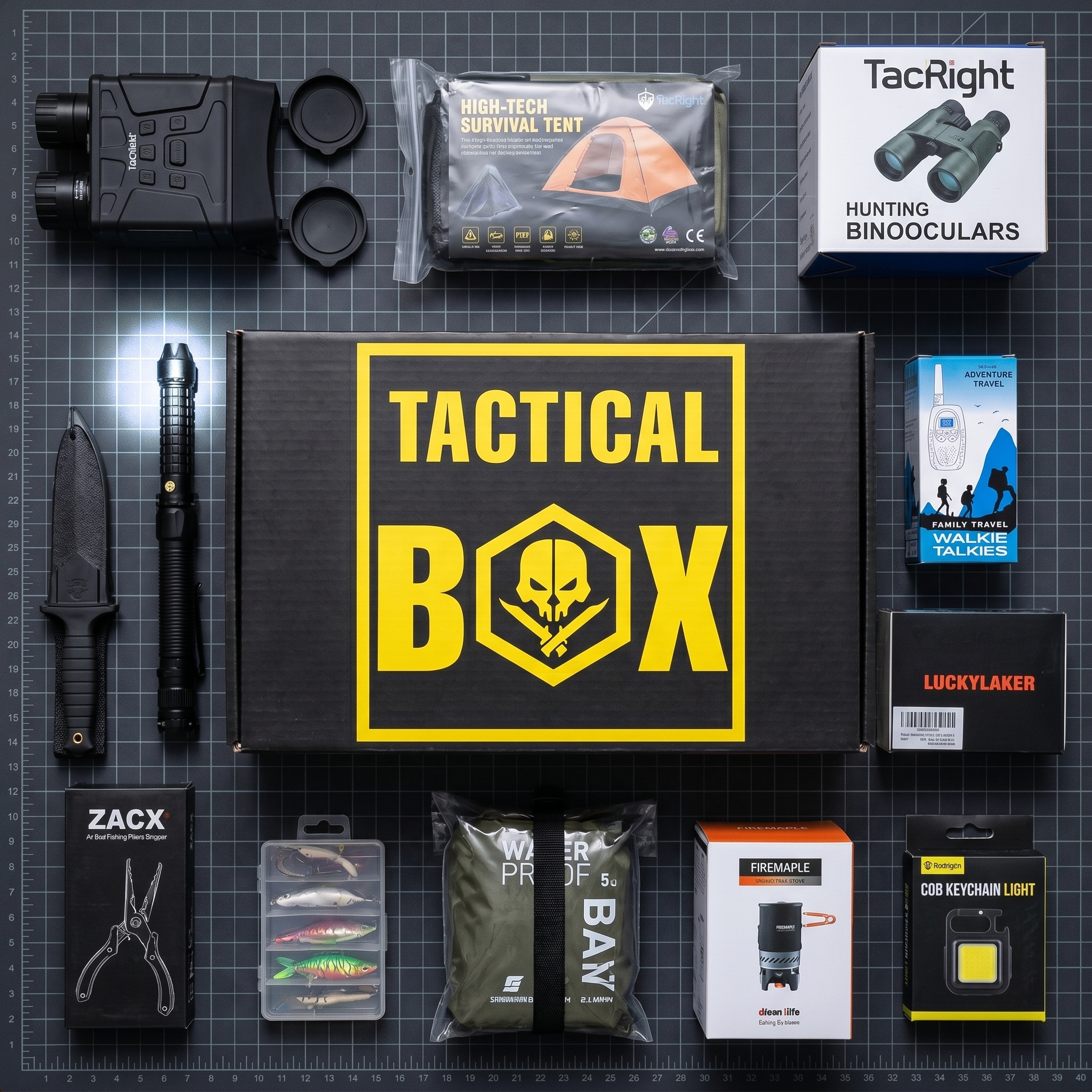 TacticalBox gear flat lay — survival tent, binoculars, knife, flashlight and more