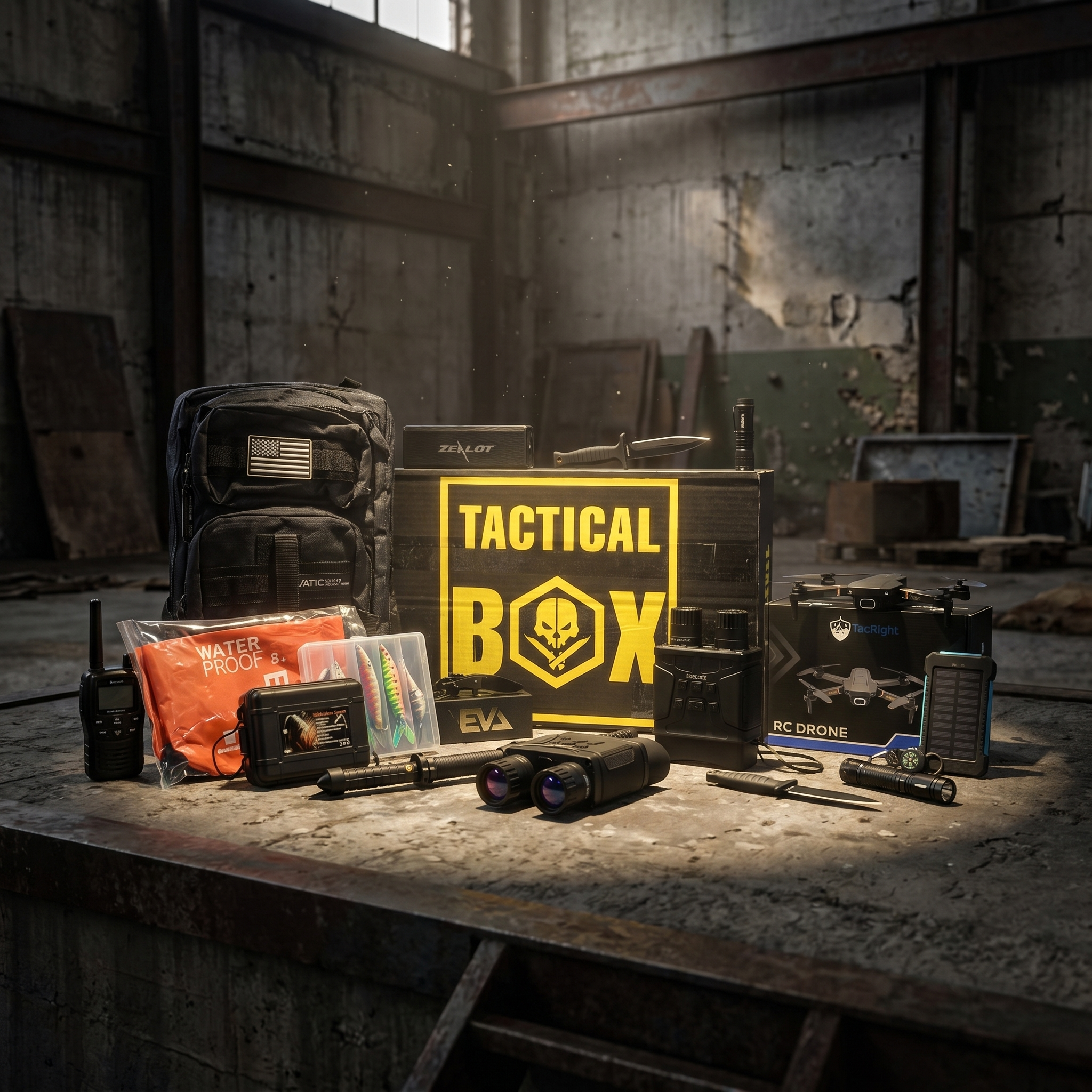 TacticalBox — warehouse/bunker bench scene with gear