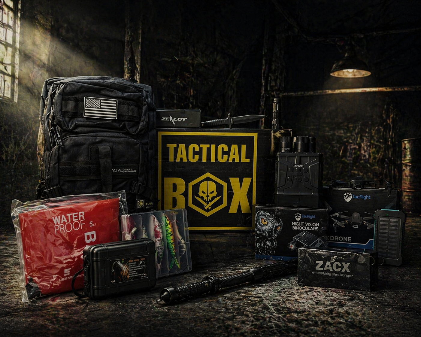 TacticalBox industrial night scene — overstock clear-out free first box