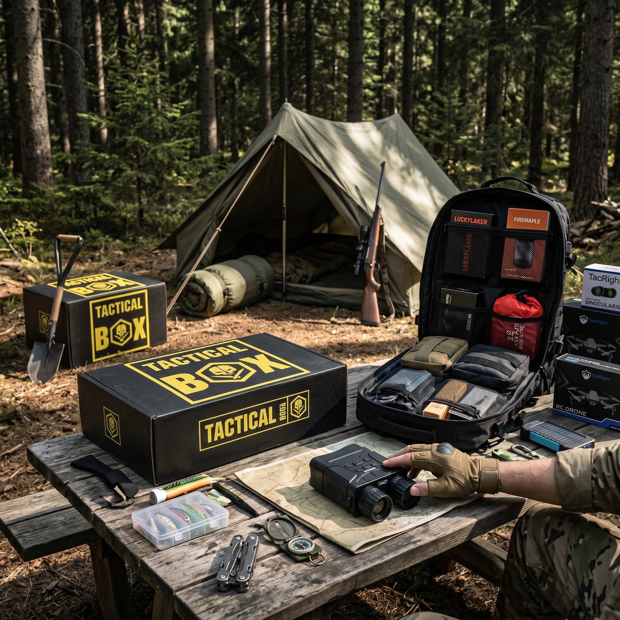 TacticalBox at forest campsite — tent, gear spread, real outdoor adventure
