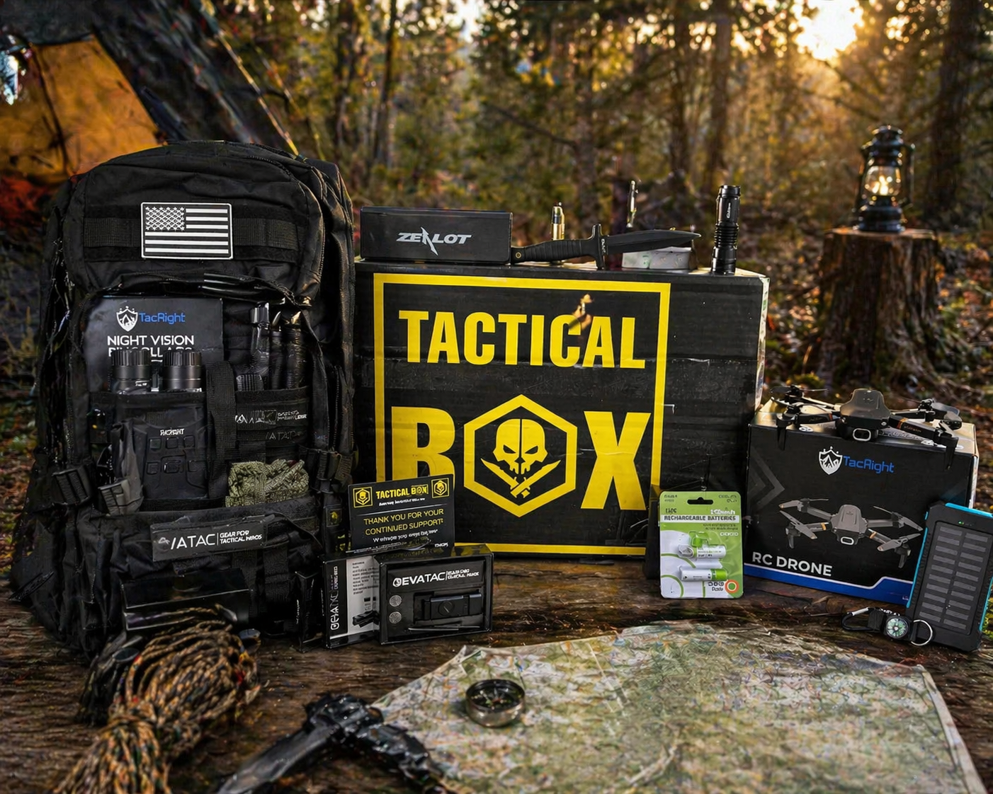 A TacticalBox in an autumn forest setting with a tactical backpack, drone, and topo map