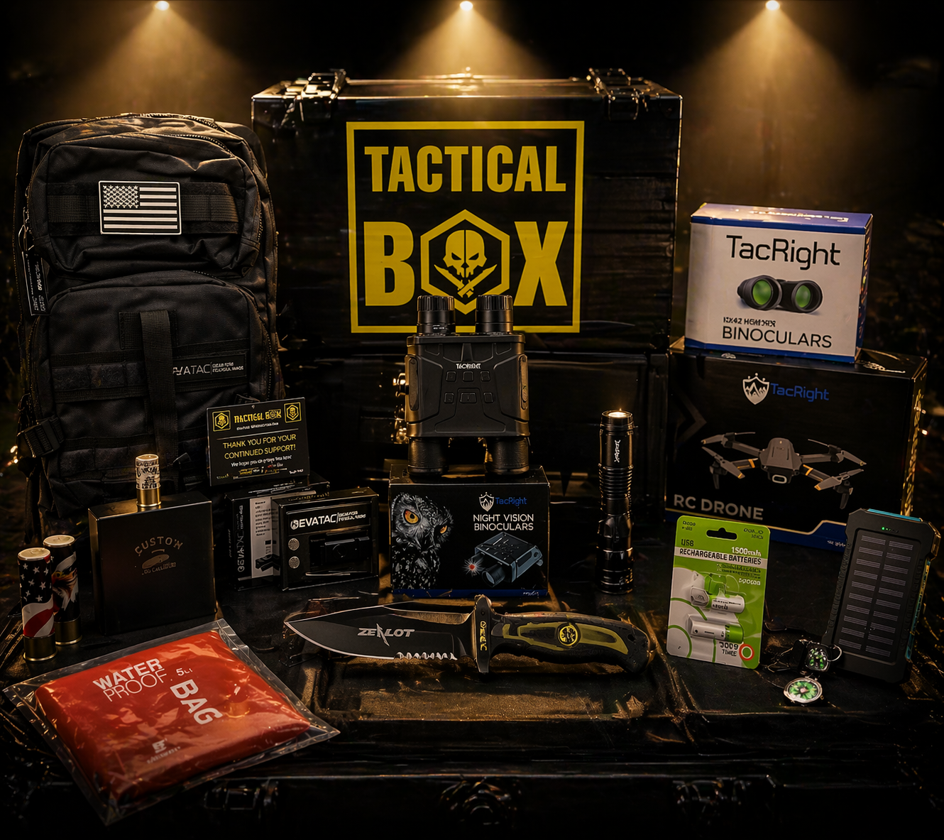 TacticalBox — dark cinematic studio scene with full gear array