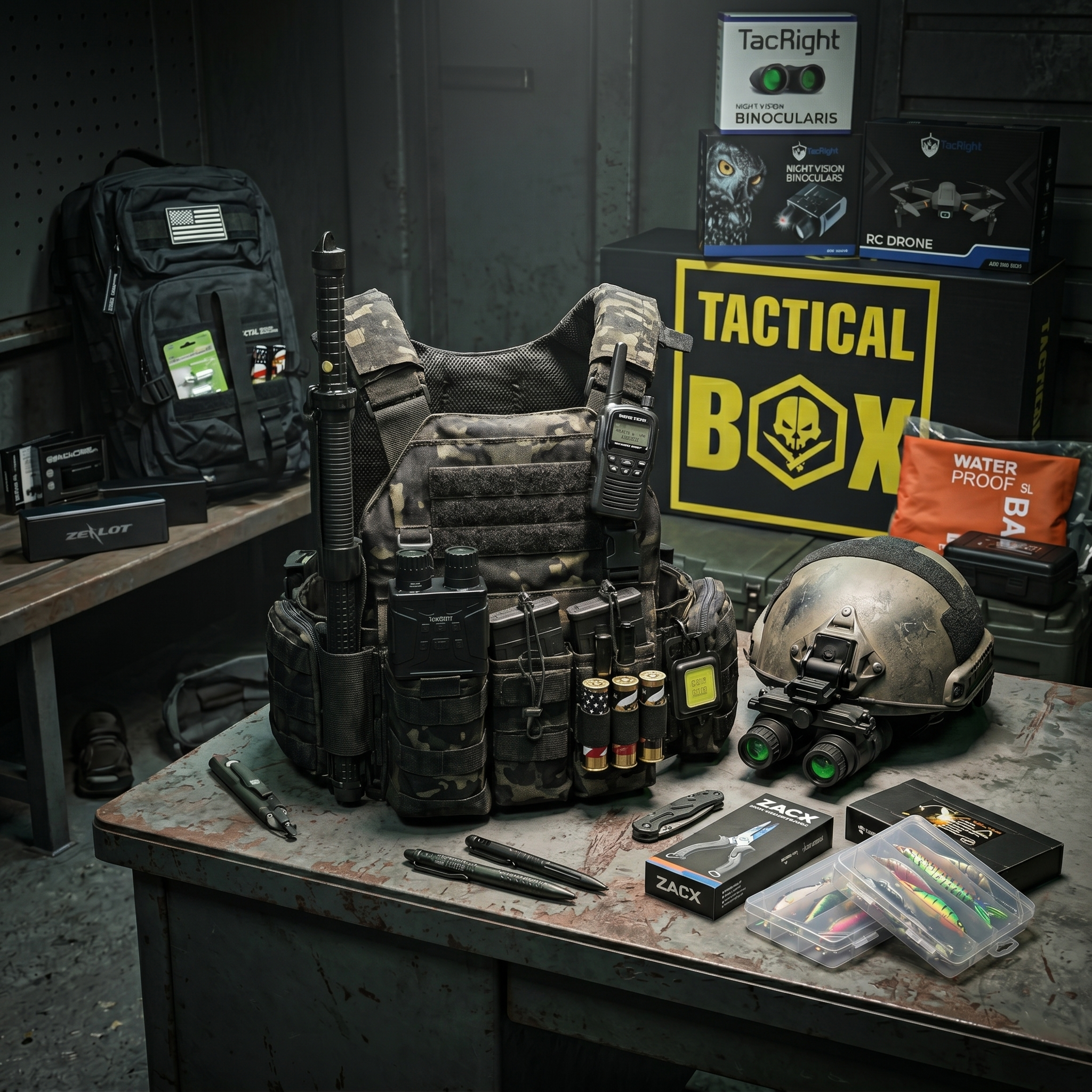 Field-tested tactical gear — plate carrier, helmet with night vision, rugged workshop