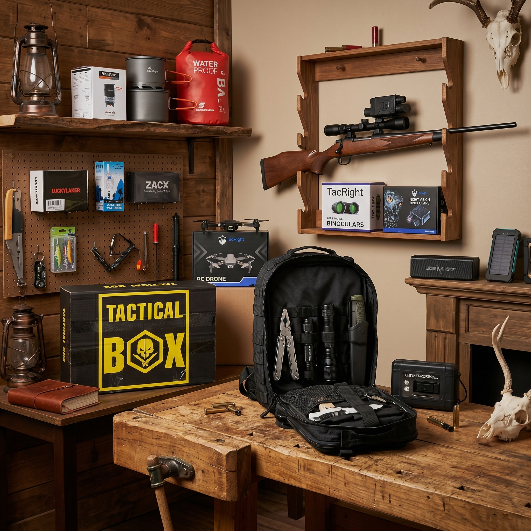 TacticalBox workbench shop scene — rifle, backpack, box, peg board of gear