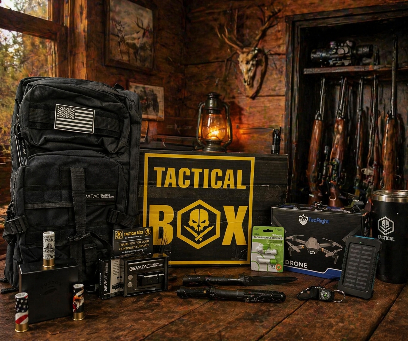 TacticalBox — rustic cabin lifestyle with backpack, box, lantern, and full gear spread