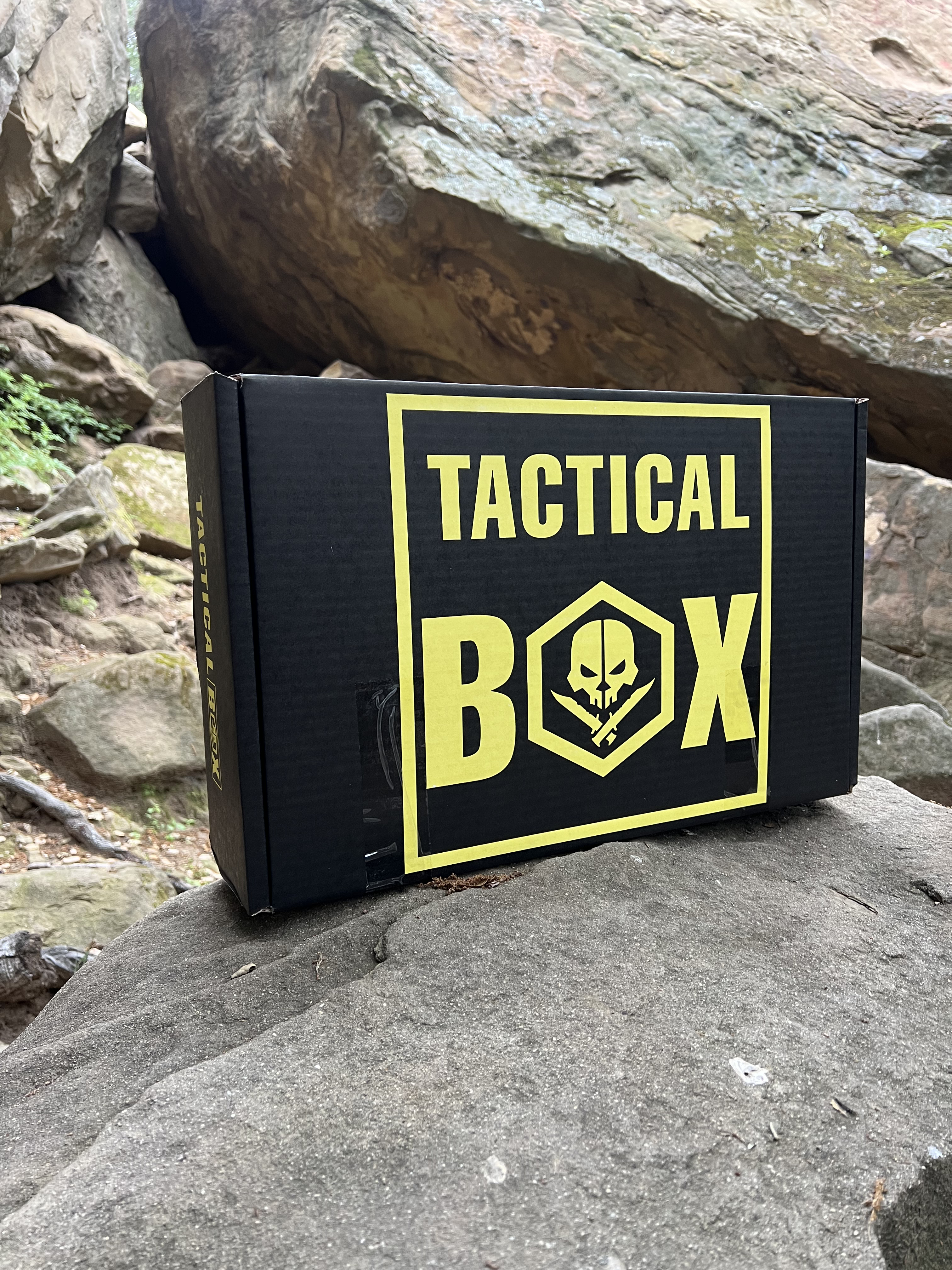 Brianna's TacticalBox — on mossy rock during forest hike