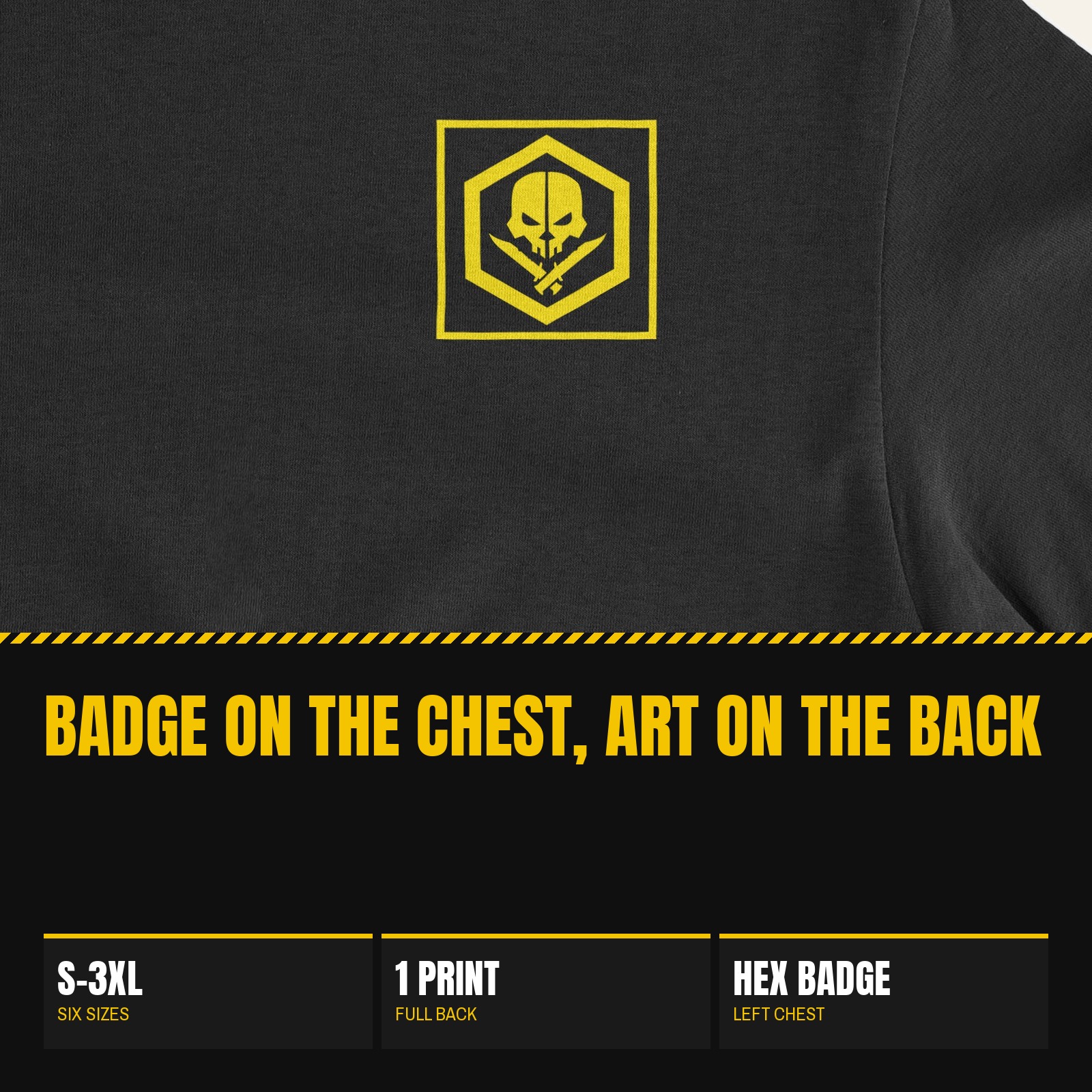 Close view of the yellow TacticalBox hex badge on the left chest of the Prepper Man T-Shirt
