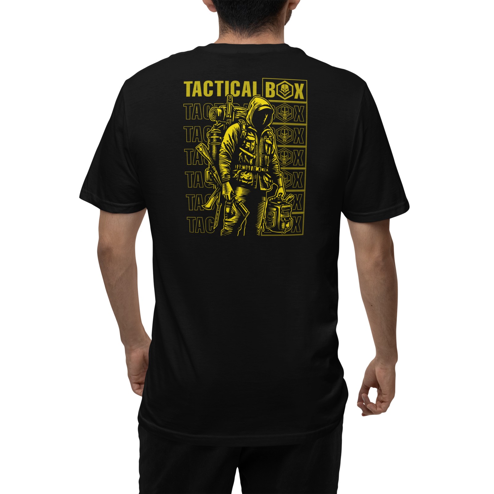 Prepper Man T-Shirt on a model, rear view