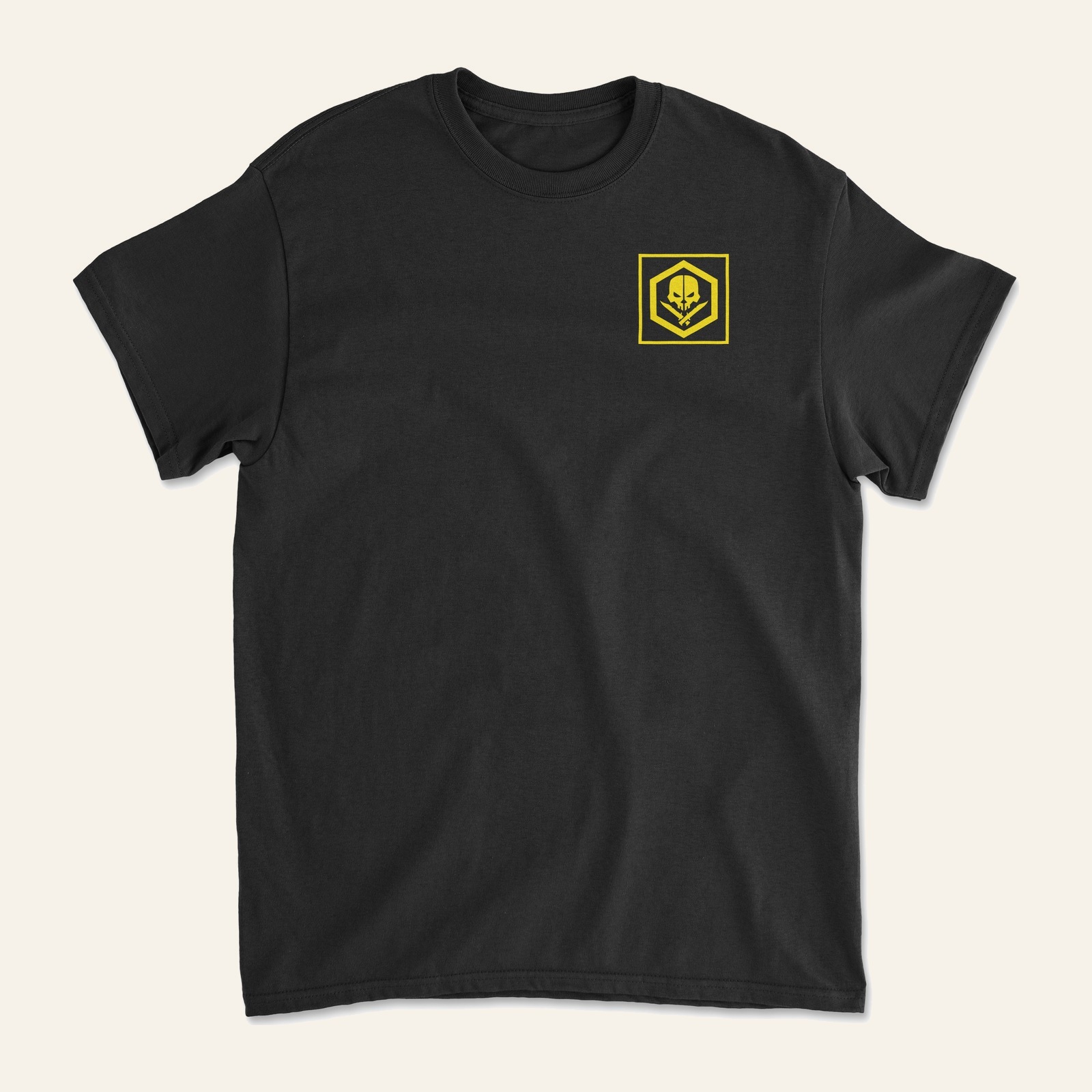 Prepper Man T-Shirt front view laid flat, showing the plain black front and chest badge