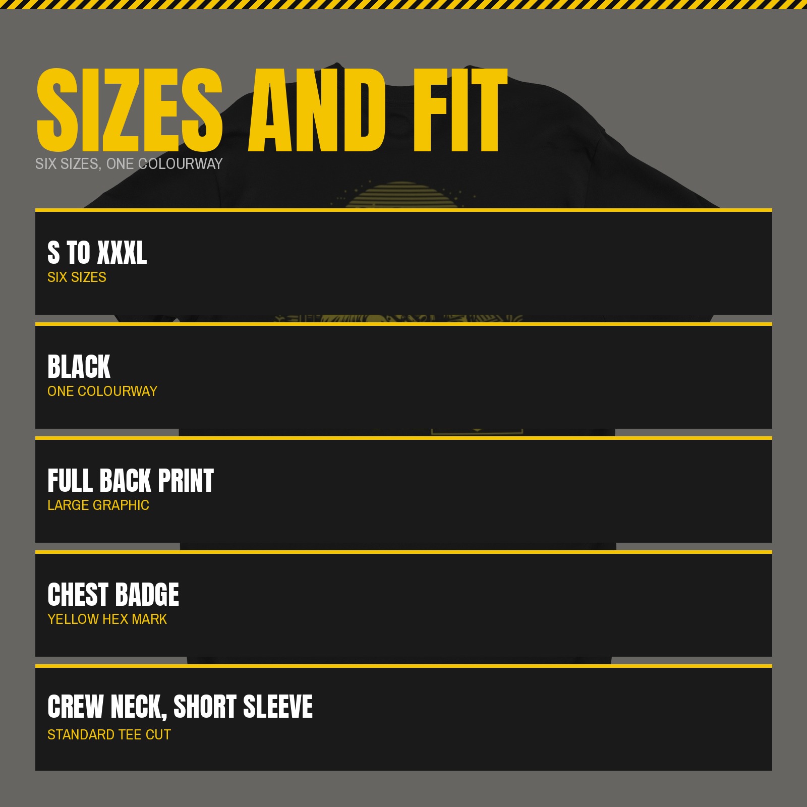 Sizes and fit panel for the Tactical Ready T-Shirt listing six sizes from Small to XXXL