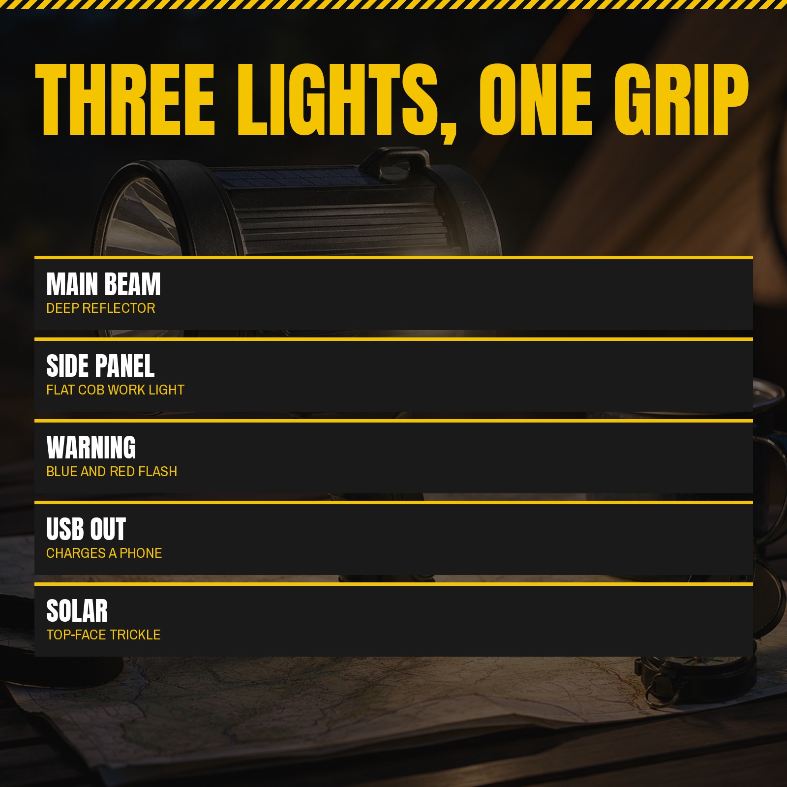 Outdoor Searchlight panel listing the main beam, side work light, warning mode, USB output and solar top