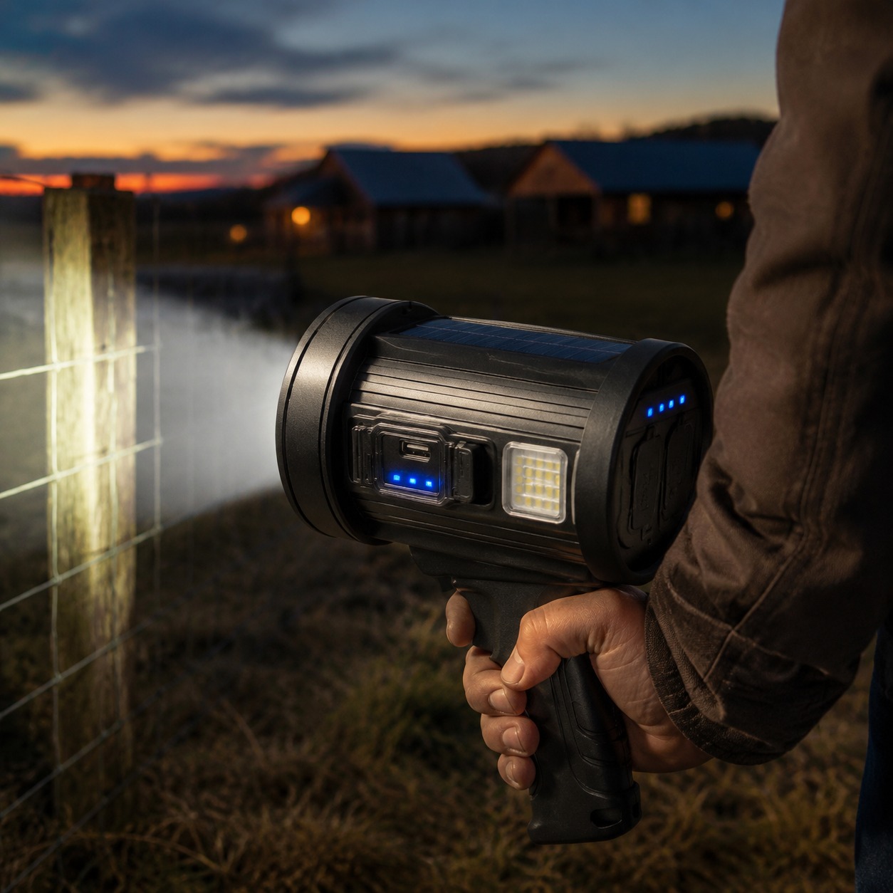 Outdoor Searchlight held low walking a fence line at dusk, beam on the wire