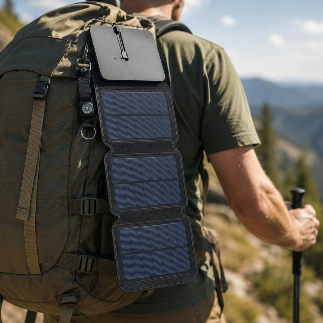 4 Panel Solar Charger clipped to a pack on a sunlit ridge trail