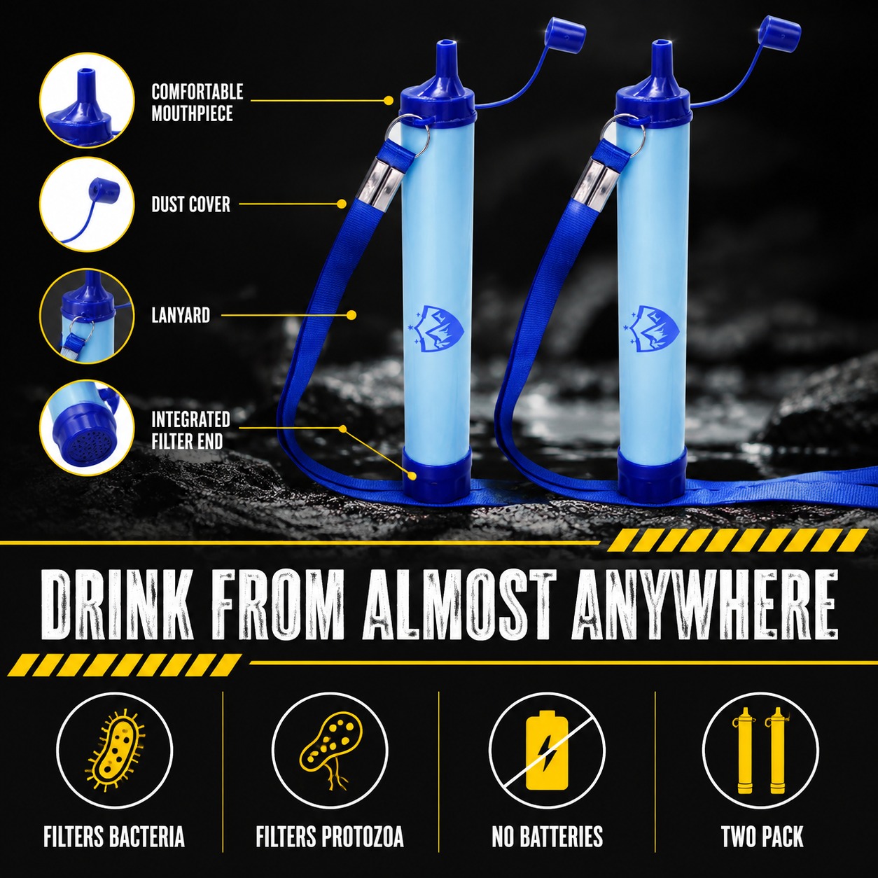 Water Filter Straw showing mouthpiece, dust cover, lanyard and filter end
