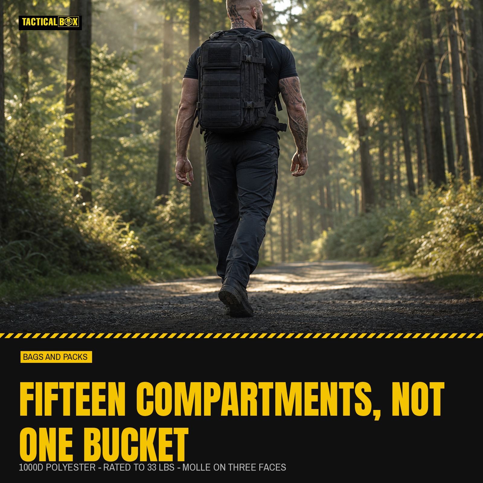 STRIKE 35 Backpack worn on a gravel forest road with the capacity figures alongside
