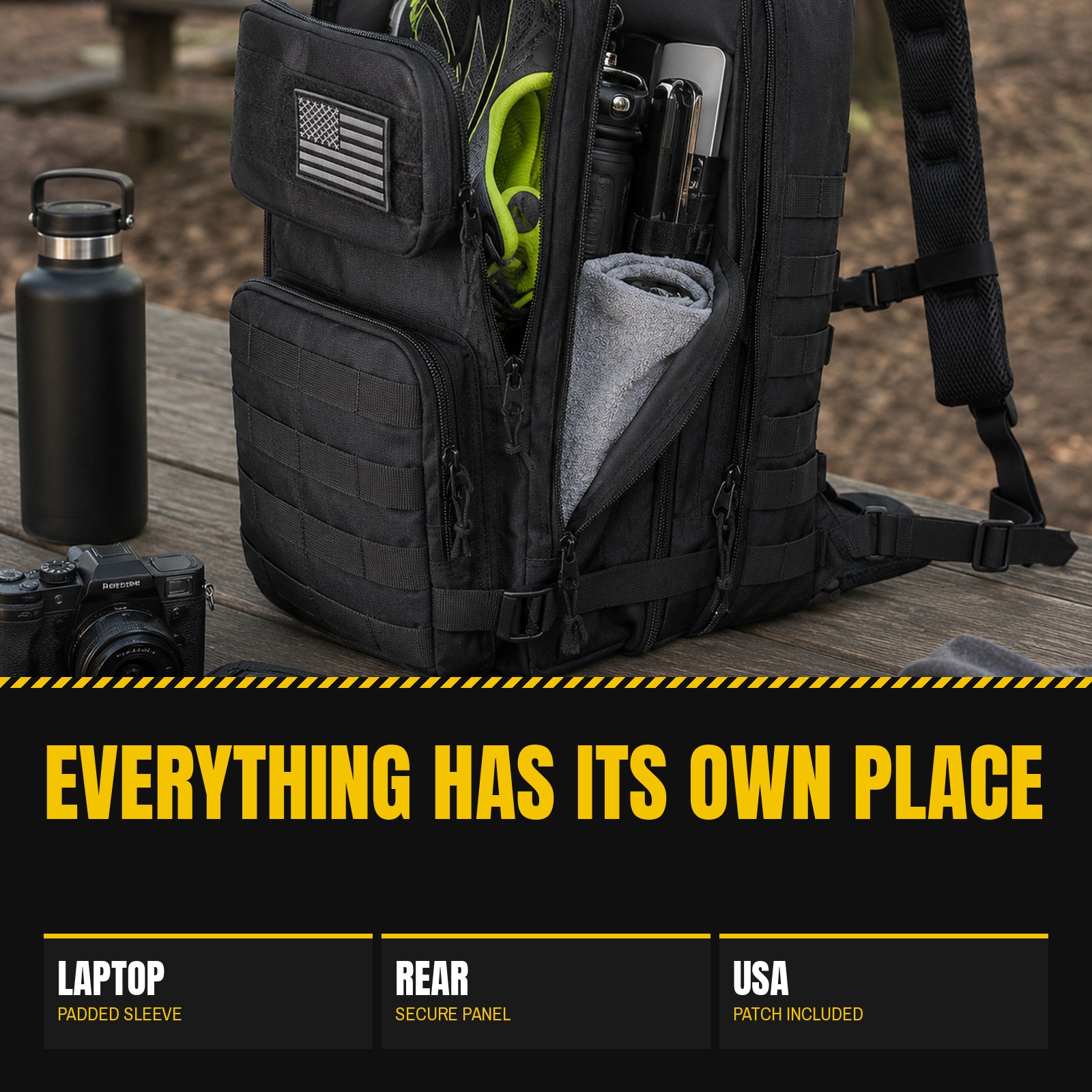 STRIKE 35 Backpack open on a picnic table with gear inside and the USA patch on the front