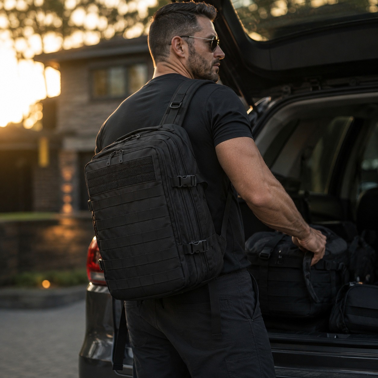STRIKE 35 Backpack carried on one shoulder while loading a car