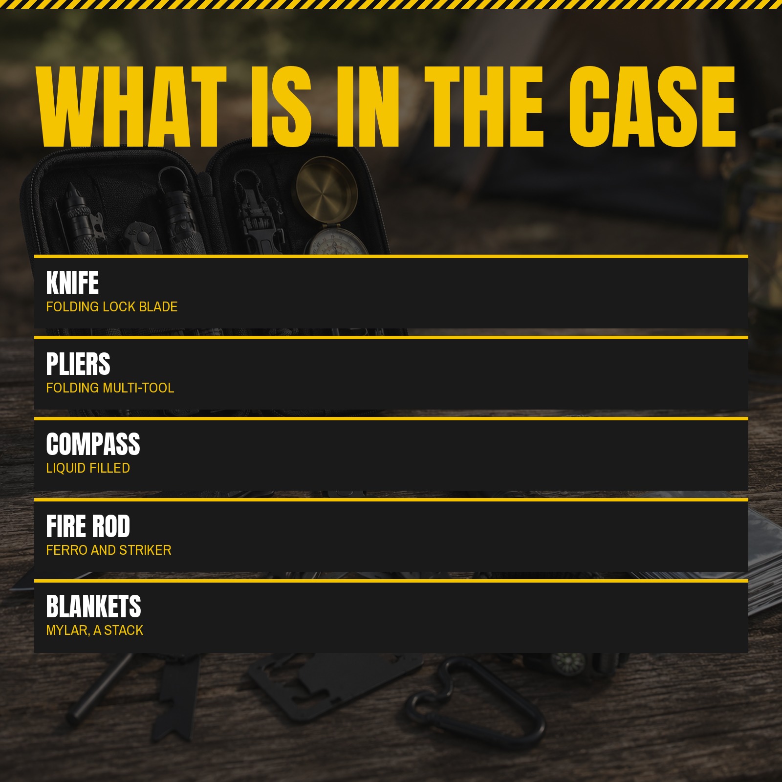 Camping Survival Kit panel listing the knife, pliers, compass, fire rod and mylar blankets