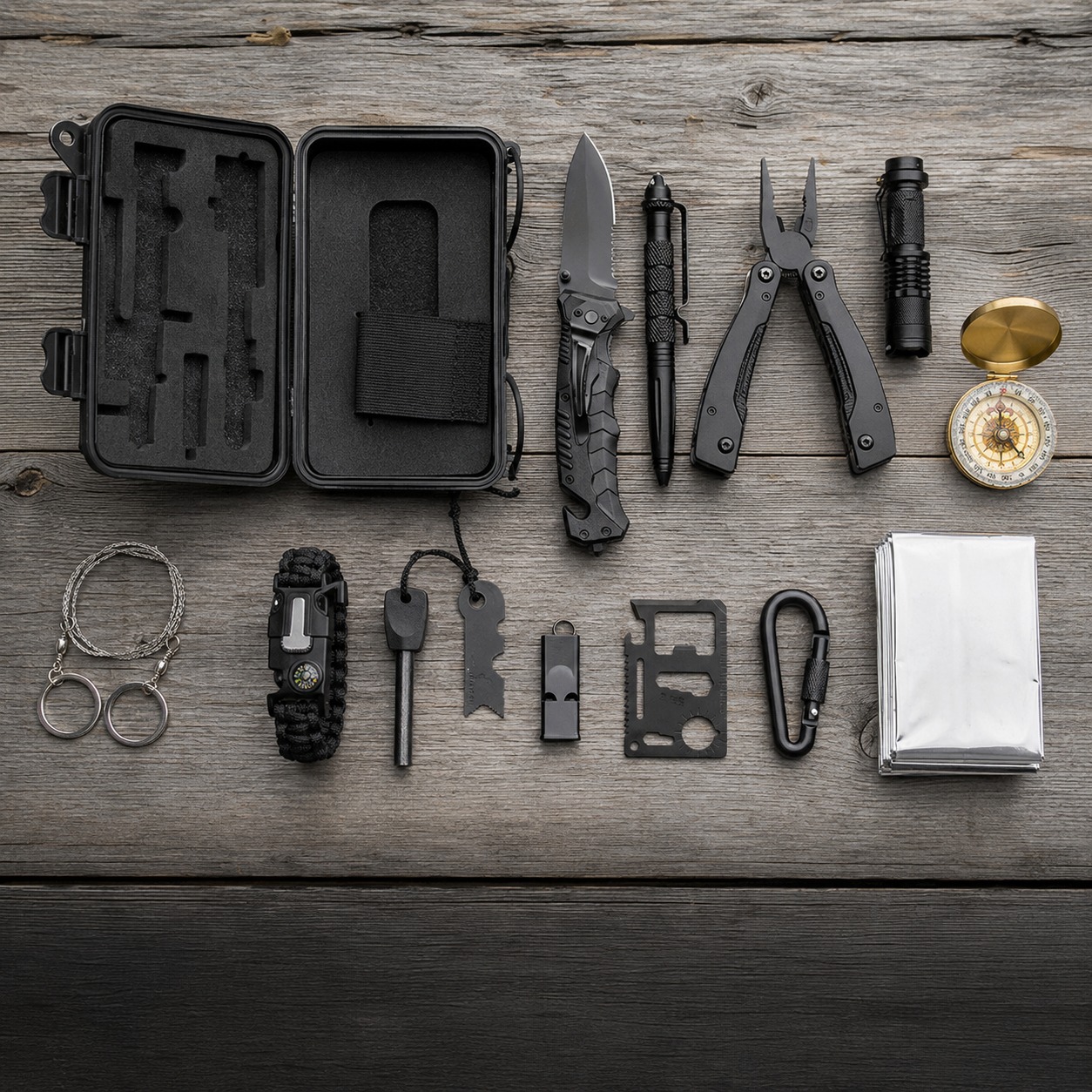 Camping Survival Kit contents laid out flat on weathered barnwood, everything visible