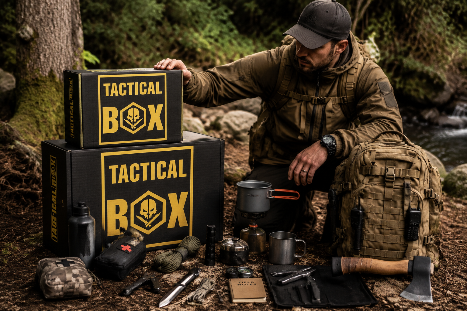 TacticalBox — kneeling next to two stacked Welcome Box shipments beside a river, full gear spread