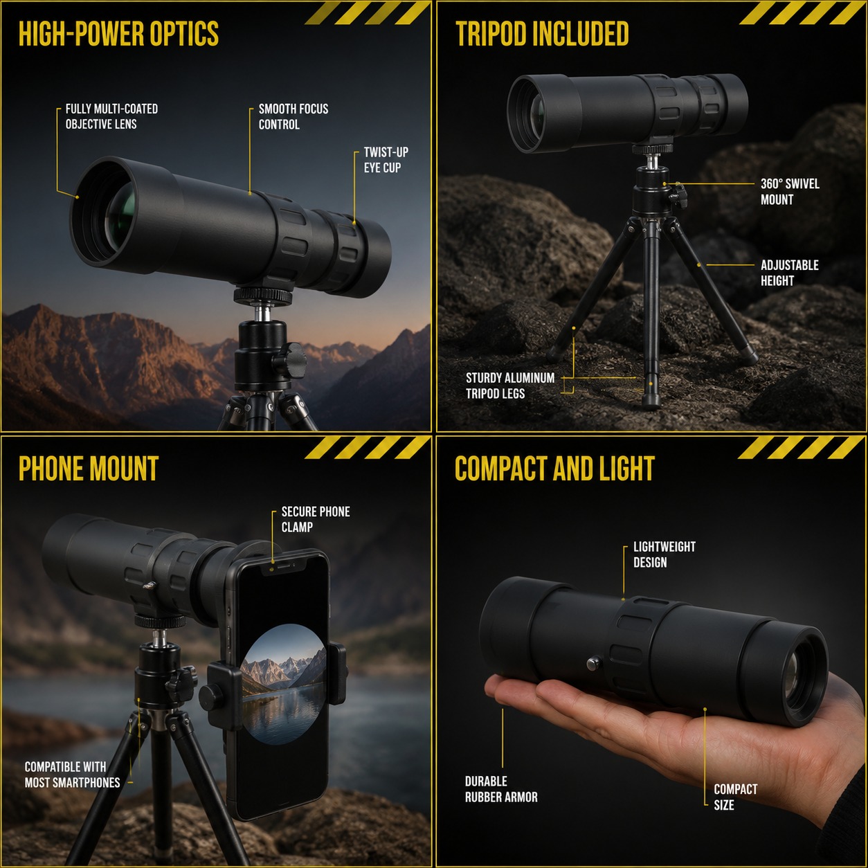 Telescope Monocular in use across four settings